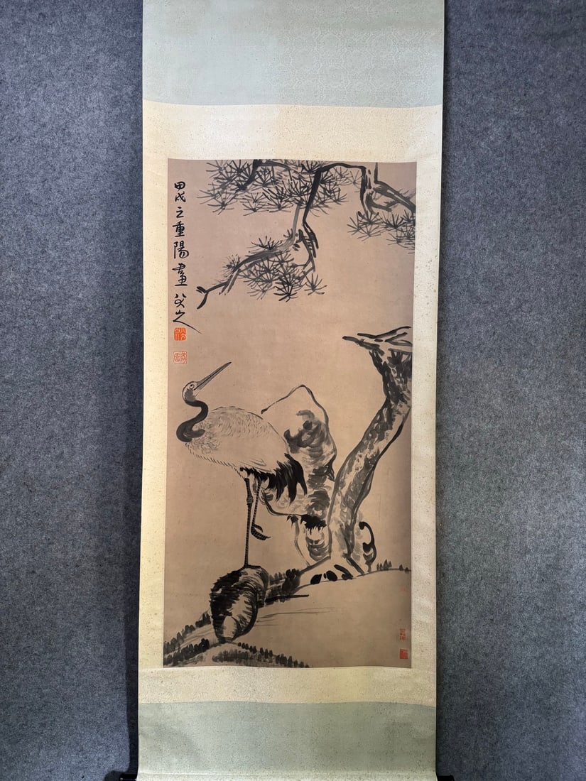 A Chinese Vertical Scroll Ink Painting of Pine and Crane on Paper,Bada Shanren (1 of 9)
