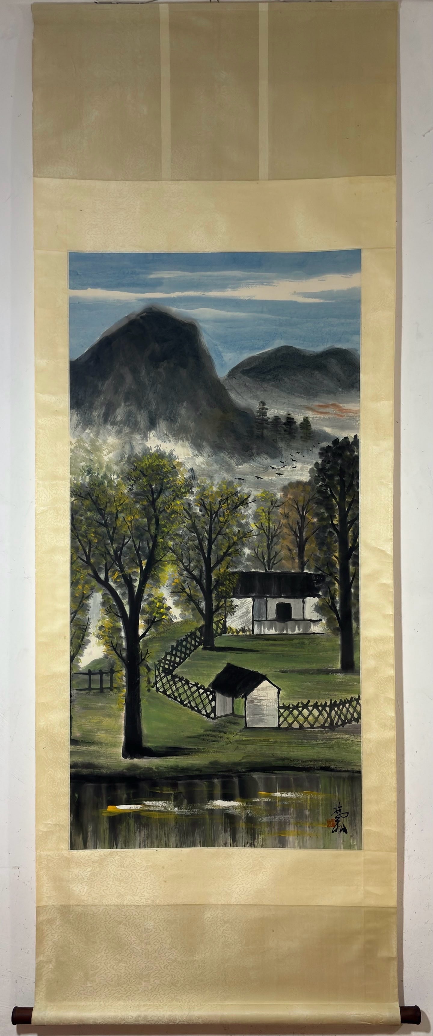 A Chinese Vertical Scroll Ink Painting of Landscape on Paper,Lin Fengmian: A Chinese Vertical Scroll Ink Painting of Landscape on Paper,Lin Fengmian,Size:(Without frame)53.1inx26in 一幅中国水墨山水画立轴,ĉ