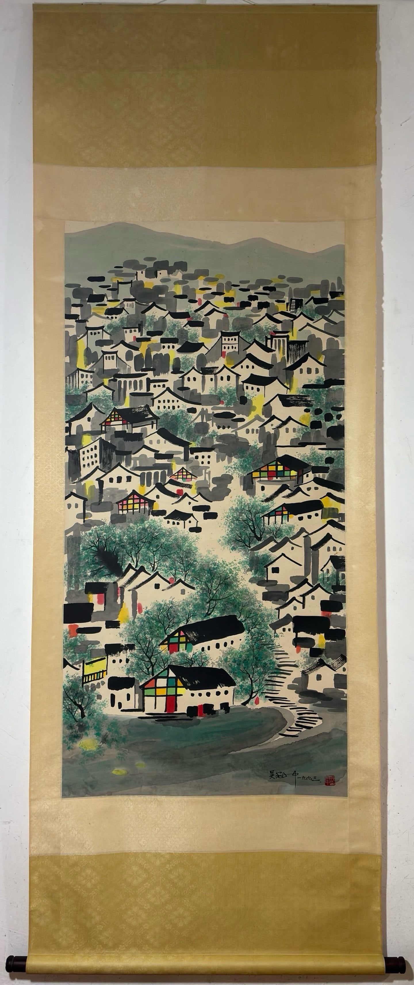 A Chinese Vertical Scroll Ink Painting of Landscape on Paper,Wu Guanzhong: A Chinese Vertical Scroll Ink Painting of Landscape on Paper,Wu Guanzhong,Size:(Without frame)53.7inx26.4in 一幅中国水墨山水画立轴,