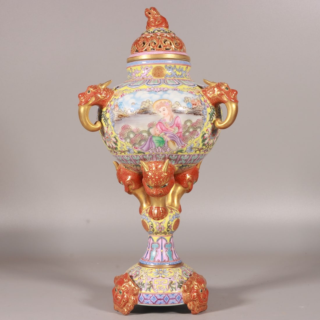 A Rare Enamel Yellow Ground Figure Pattern Beast-Ears Tripod Censer: A Rare Enamel Yellow Ground Figure Pattern Beast-Ears Tripod Censer,Qing Dynasty, China,Qianlong Four-character Mark,Size:12.6inx6.1in 珐琅彩黄地人物纹&