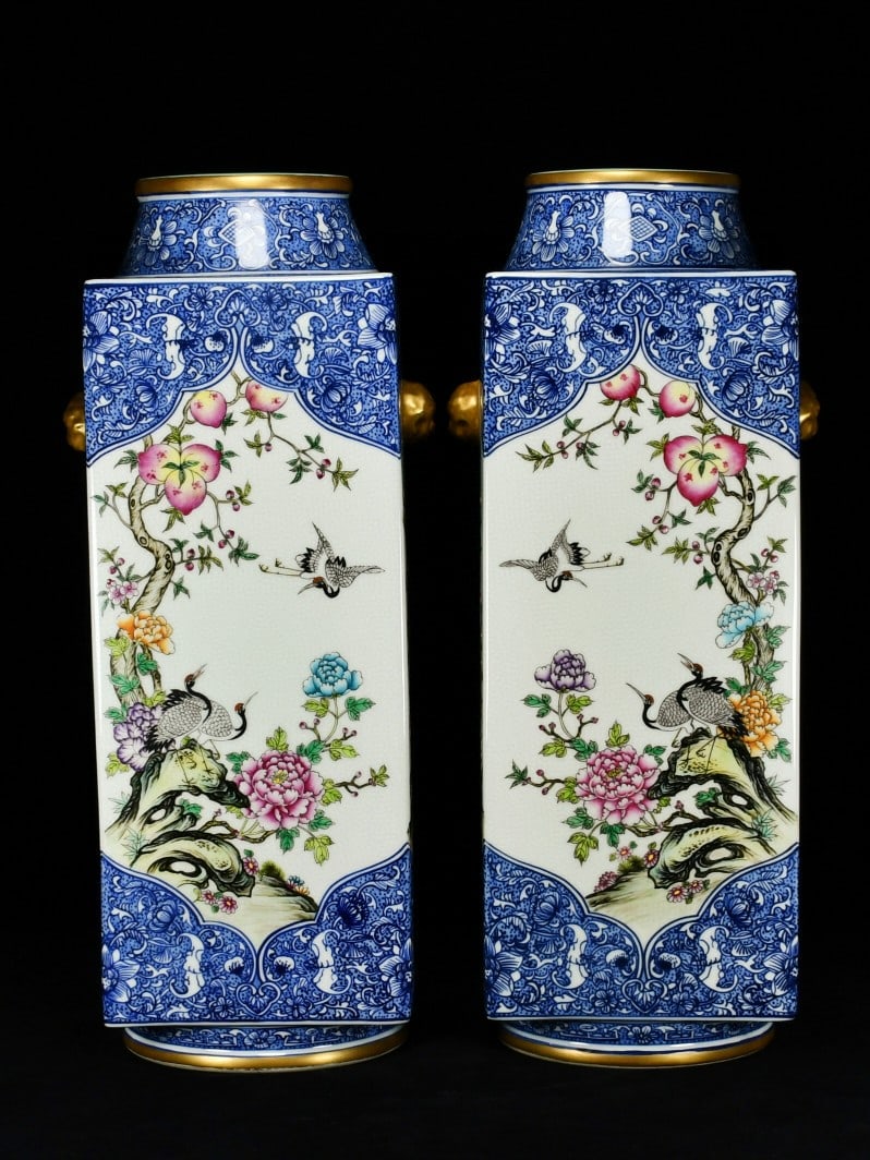 A Pair of Huge Blue and White Famille-Rose Painted Gold Flower and Bird Pattern Beast-Ears Vases: A Pair of Huge Blue and White Famille-Rose Painted Gold Flower and Bird Pattern Beast-Ears Vases,Qing Dynasty, China,Qianlong Six-character Mark,Size:18.9inx8.3in 一对青花ľ
