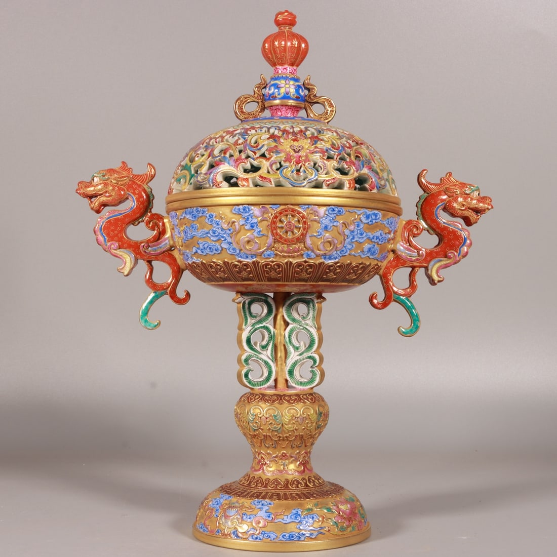 A Rare Enamel Gold Ground Lotus and Auspicious Cloud Pattern Dragon-Ears Censer: A Rare Enamel Gold Ground Lotus and Auspicious Cloud Pattern Dragon-Ears Censer,Qing Dynasty, China,Qianlong Four-character Mark,Size:11.8inx5.1in 珐琅彩金地缠ĉ
