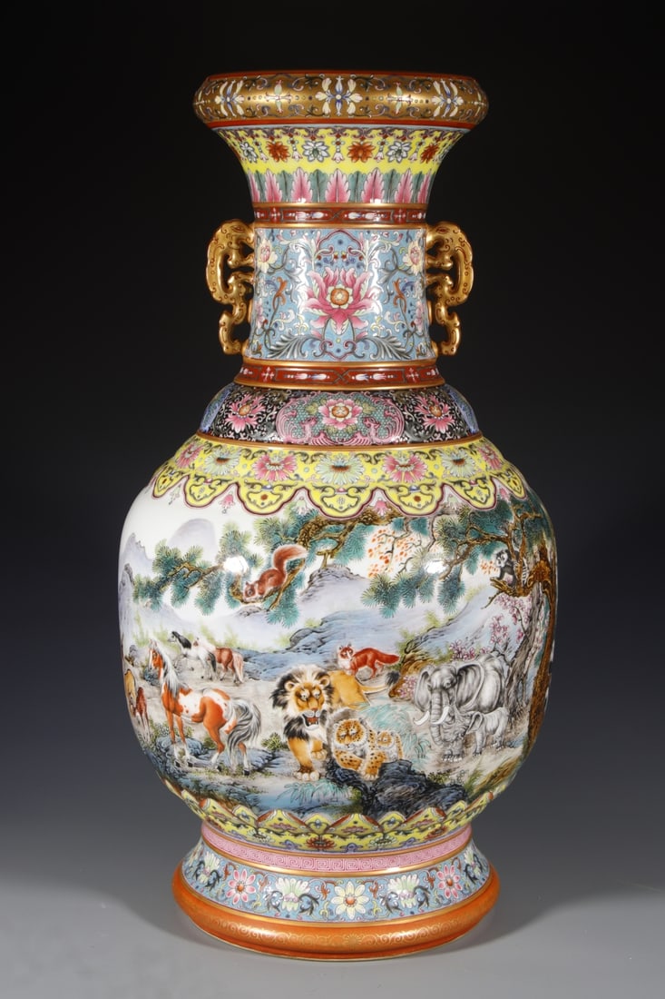 A Pair of Huge Enamel Painted Gold Landscape and Animal Pattern Double-Ears Vases: A Pair of Huge Enamel Painted Gold Landscape and Animal Pattern Double-Ears Vases, Qing Dynasty, China,Qianlong Four-character Mark,Size:23.4inx7.1inx8.7in 
