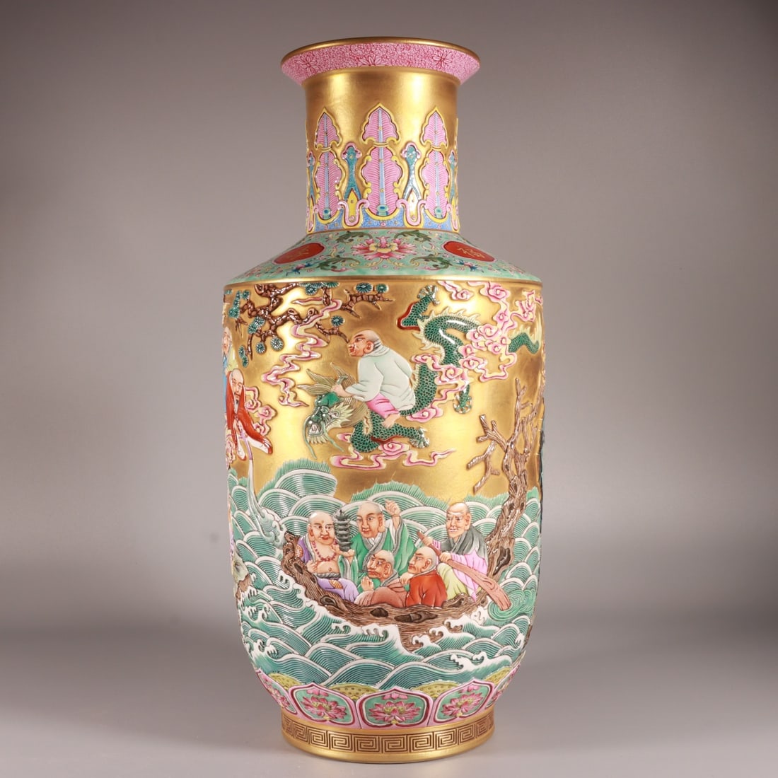 A Rare Enamel Gold Ground Seawater and Arhat Pattern Vase: A Rare Enamel Gold Ground Seawater and Arhat Pattern Vase,Qing Dynasty, China,Qianlong Six-character Mark,Size:15.6inx7.9in 