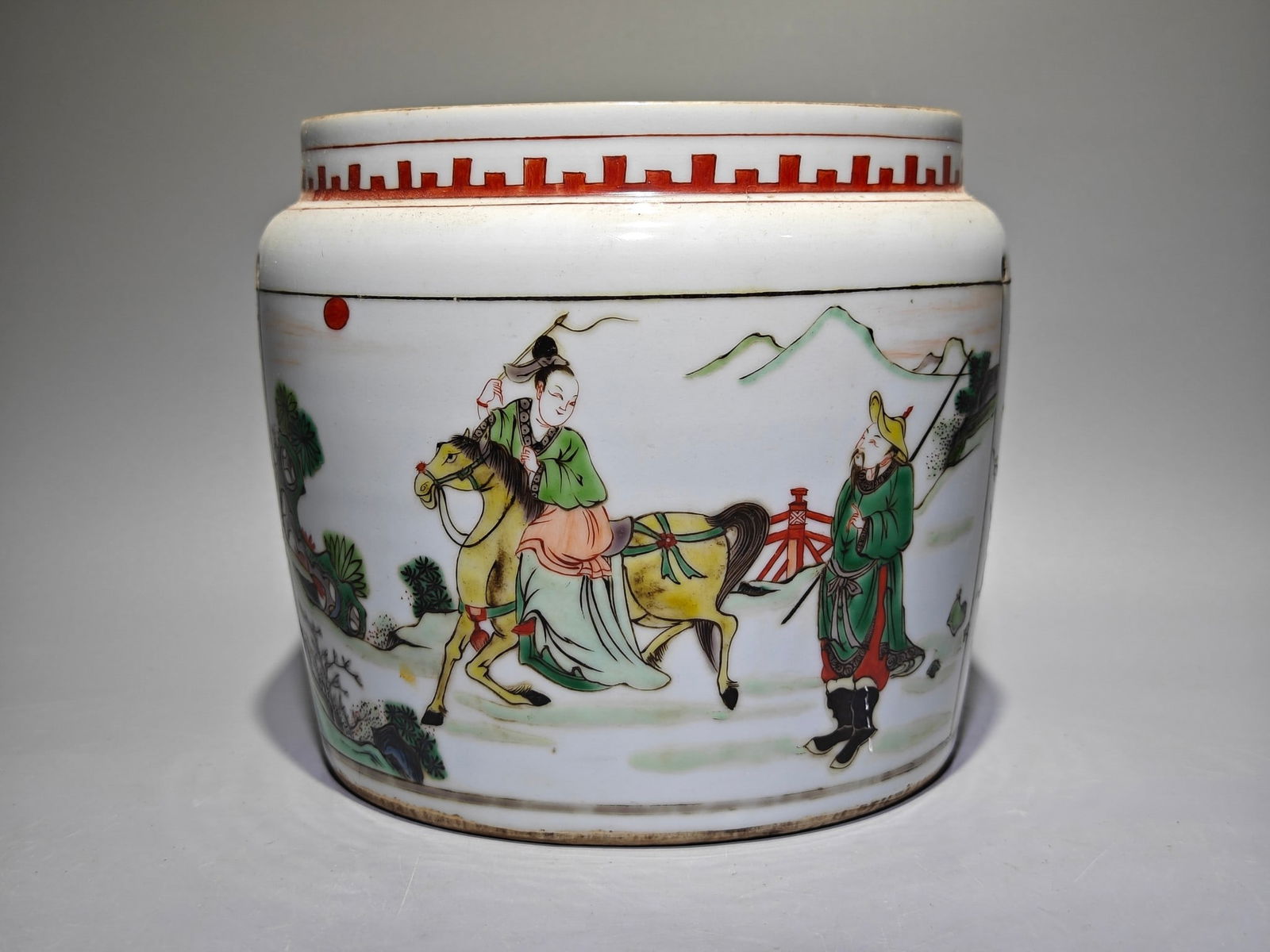 An Exquisite Wucai Character and Story Pattern Vat: An Exquisite Wucai Character and Story Pattern Vat,Qing Dynasty,China,Size:6.8inx7.6in 五彩人物故事纹缸,中国清代