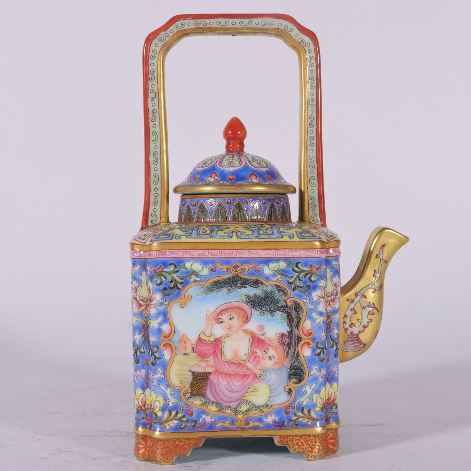 An Exquisite Enamel Blue Ground Painted Gold Lotus,Landscape and Figure Pattern Loop-Handled Pot: An Exquisite Enamel Blue Ground Painted Gold Lotus,Landscape and Figure Pattern Loop-Handled Pot,Qing Dynasty, China,Qianlong Four-character Mark,Size:7.8inx3.7in 