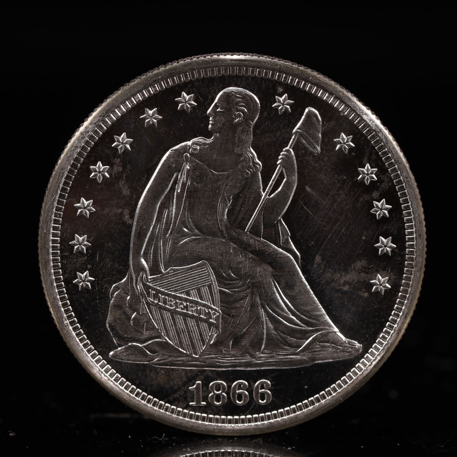 USA One Dollar 1866 Coin: American coin. IN GOD WE TRUST / LIBERTY / 1866 / UNITED STATES OF AMERICA / ONE DOL. Weight:26.9g.