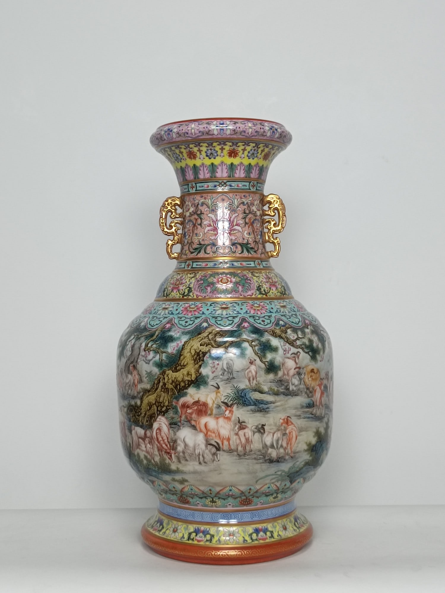 A Huge Enamel Painted Gold Lotus?Landscape and Sheep Pattern Dragon-Ears Vase: A Huge Enamel Painted Gold Lotus,Landscape and Sheep Pattern Dragon-Ears Vase,Qing Dynasty,China,Qianlong Four-character Mark,Size:23.6inx11.8in 