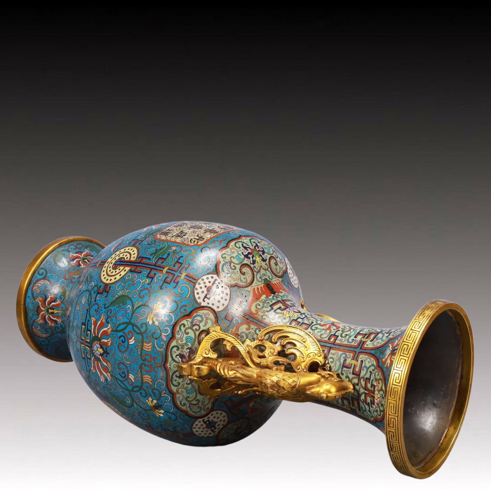 A Pair of Huge Cloisonne Lotus Pattern Phoenix-Ears Vases, With Poem - 11