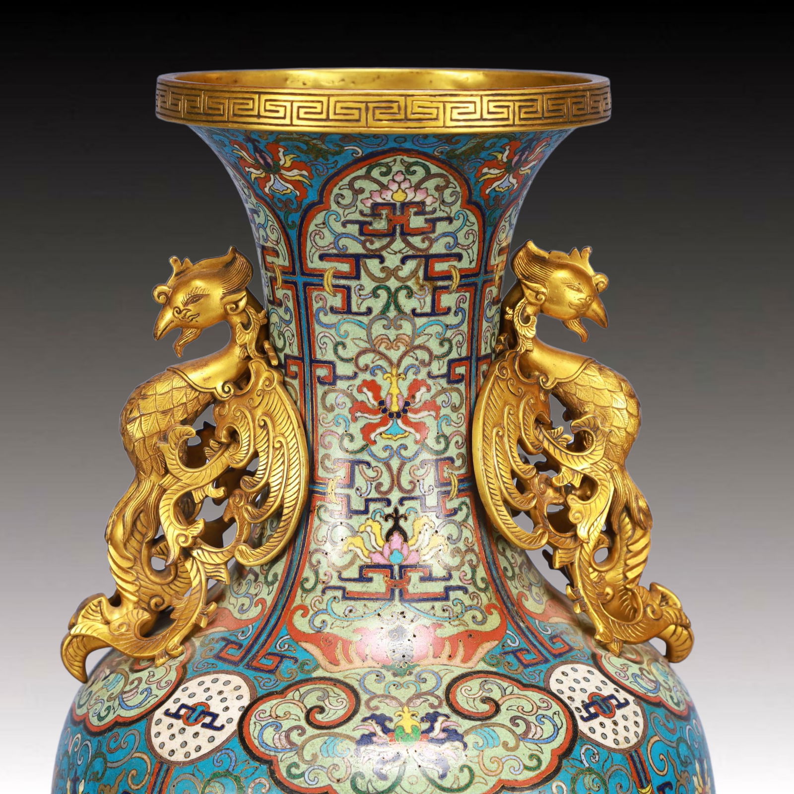 A Pair of Huge Cloisonne Lotus Pattern Phoenix-Ears Vases, With Poem - 4