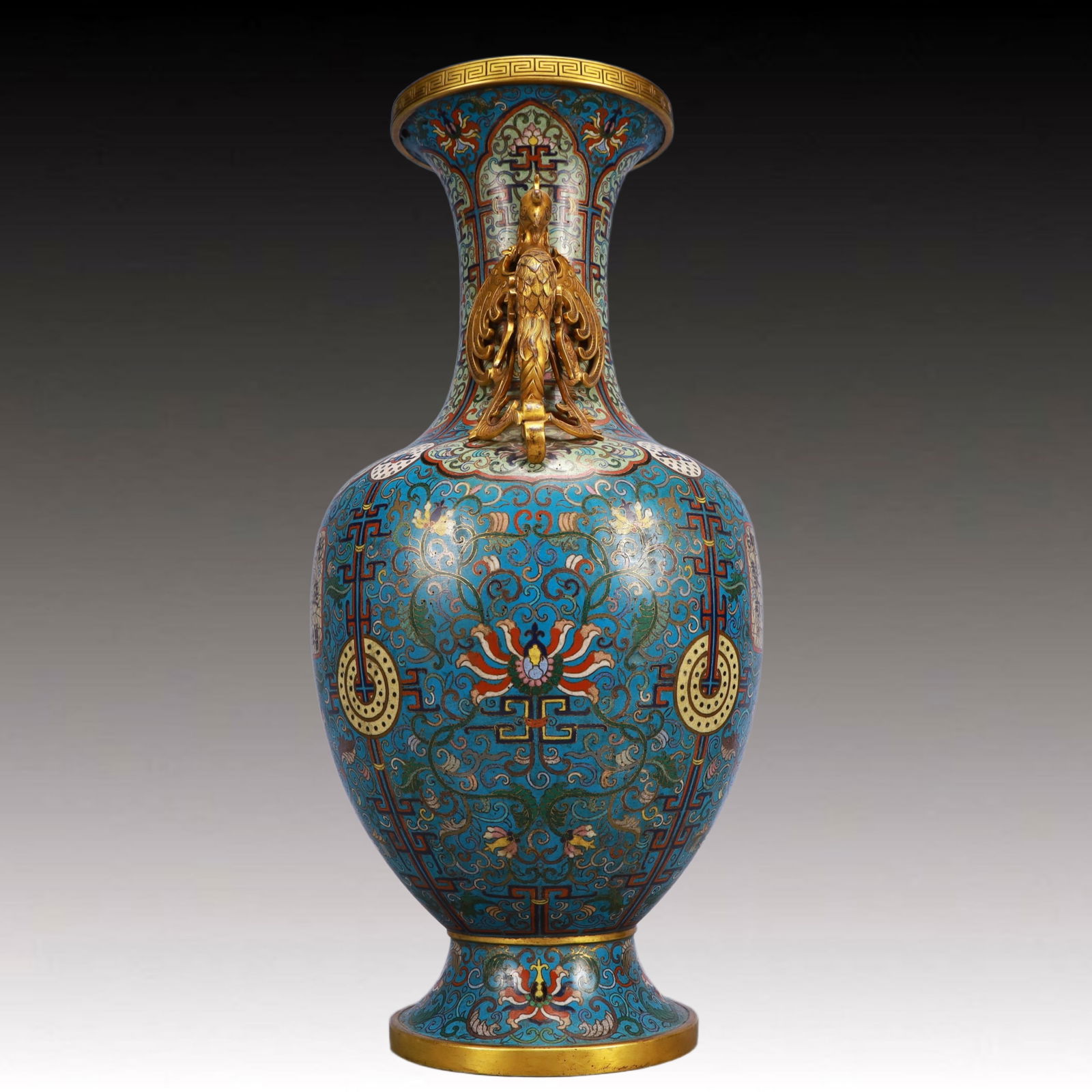 A Pair of Huge Cloisonne Lotus Pattern Phoenix-Ears Vases, With Poem - 7