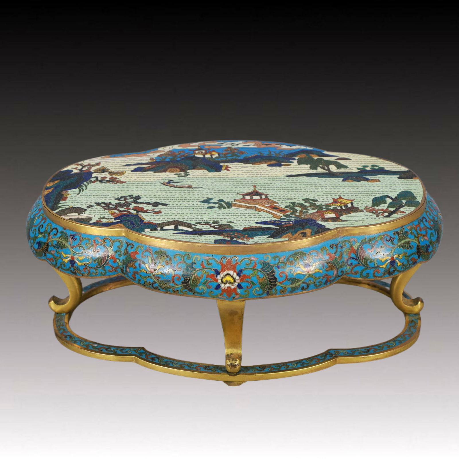 A Rare Cloisonne Landscape Pattern Base: A Rare Cloisonne Landscape Pattern Base,Qing Dynasty,China,Qianlong Four-character Mark,Size:12inx7.9inx4.7in,Weight:2300g 