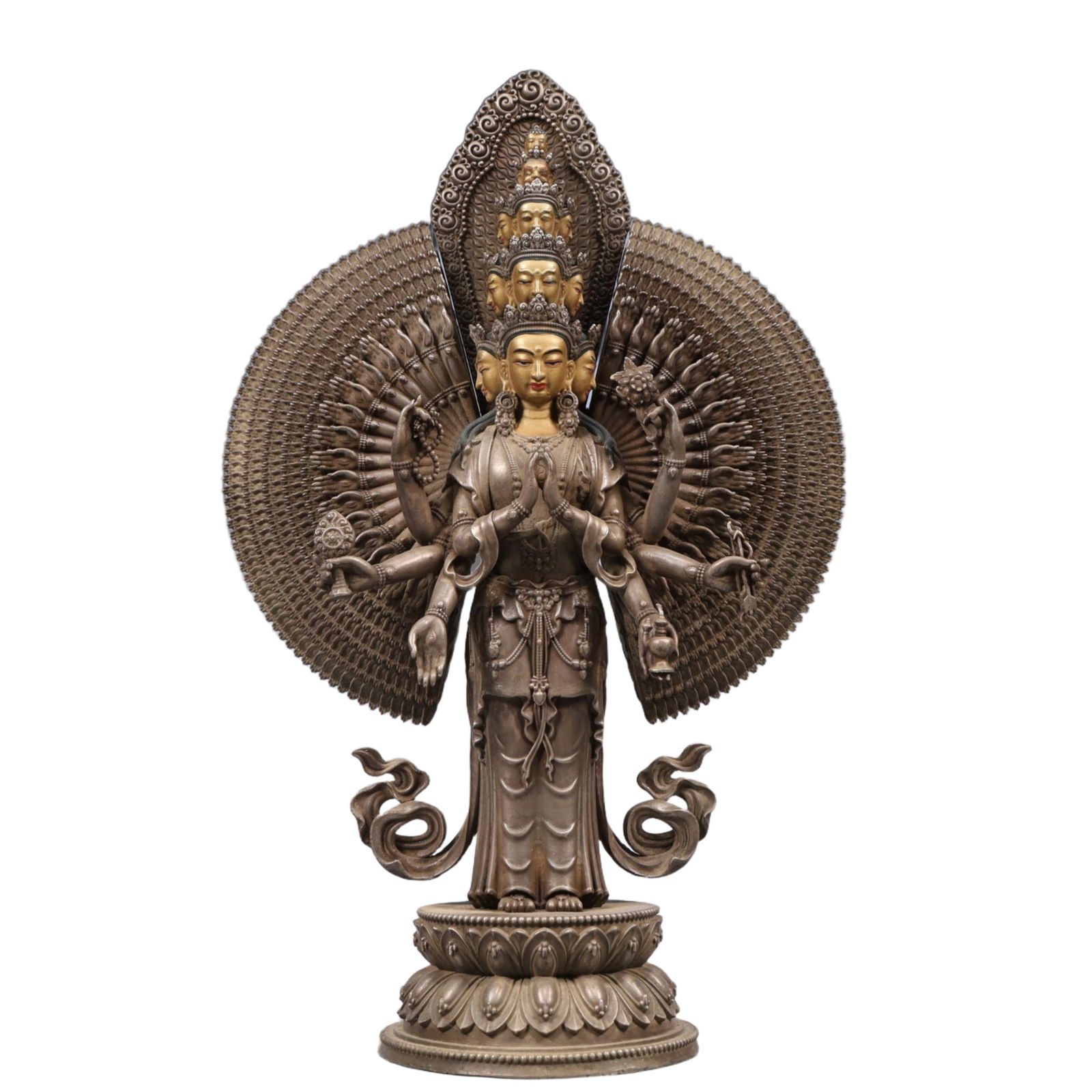A Solemn Silver Statue of Thousand-hand Guanyin: A Solemn Silver Statue of Thousand-hand Guanyin, Ming Dynasty, China, Size:8.7inx3.9inx13.4in, Weight:3200g 
