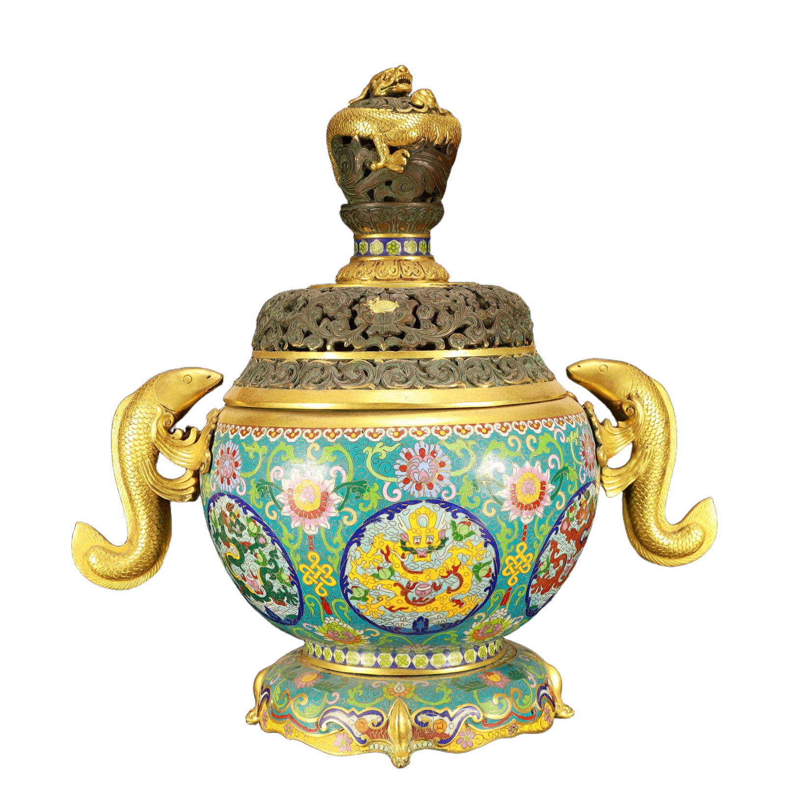 A Huge Cloisonne Lotus Dragon Pattern Fish-Ears Censer: A Huge Cloisonne Lotus Dragon Pattern Fish-Ears Censer,(A type of enamelware with metal wires separating colored glaze, originating in China),Qing Dynasty,China,Qianlong Four-character