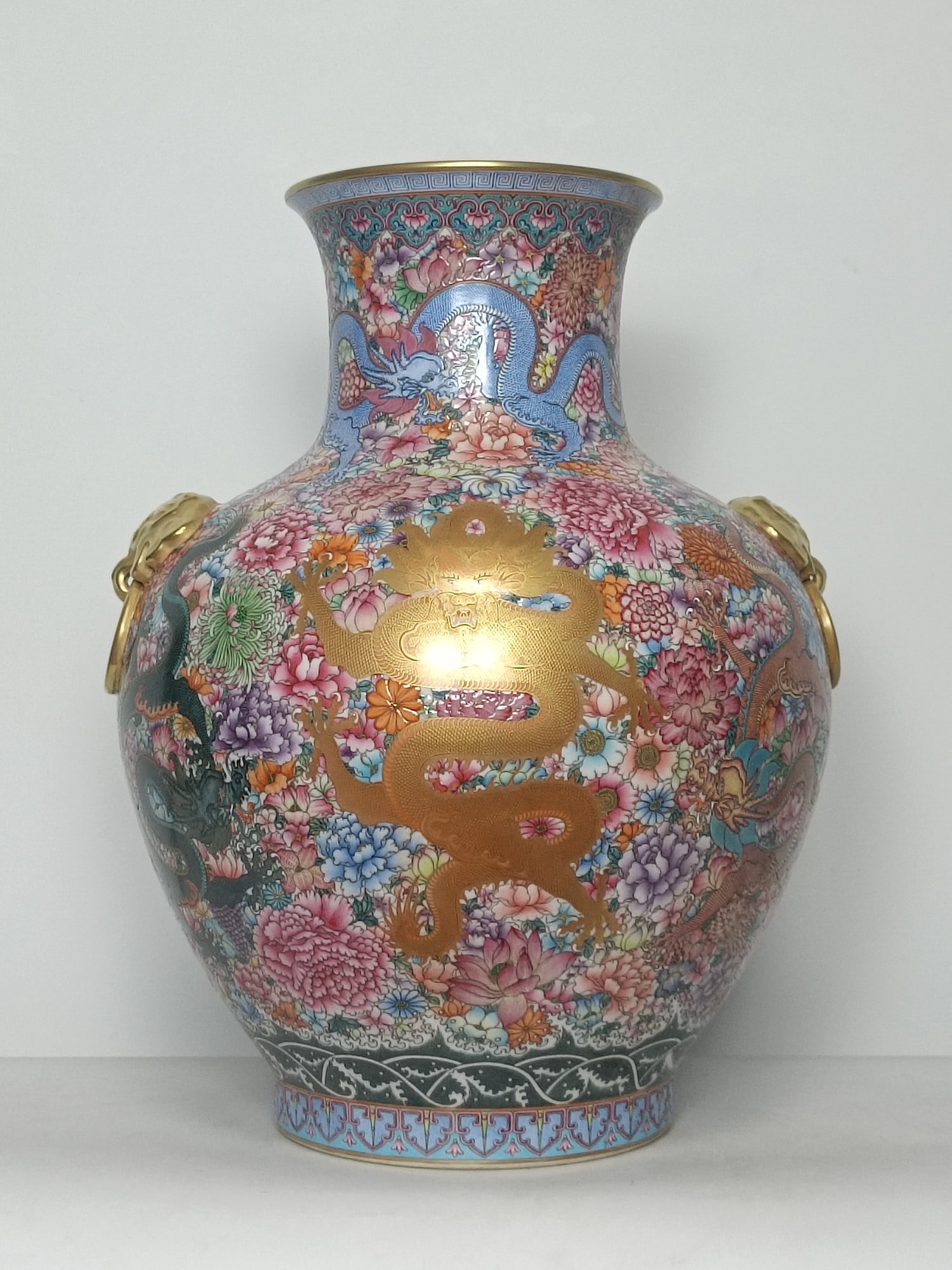 A Huge Enamel Painted Gold Flower and Dragon Pattern Beast-Ears Vase: A Huge Enamel Painted Gold Flower and Dragon Pattern Beast-Ears Vase,Qing Dynasty,China,Qianlong Six-character Mark,Size:24.4inx18.5in 