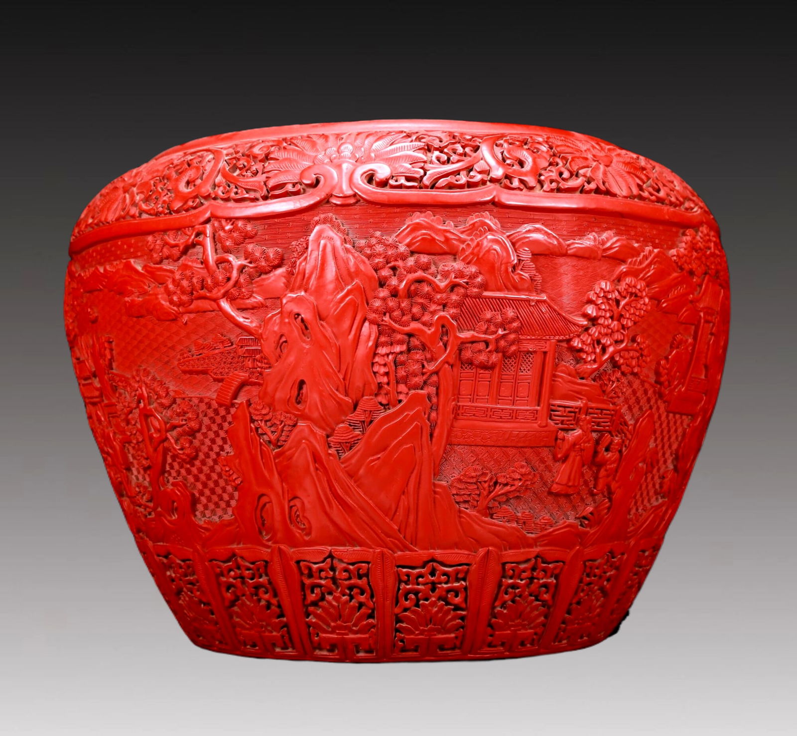 A Fine Carved Red Lacquer Character and Story Pattern Jar: A Fine Carved Red Lacquer Character and Story Pattern Jar,Qing Dynasty, China,Qianlong Six-character Mark,Size:17.7inx13.4in,Weight:9045g 