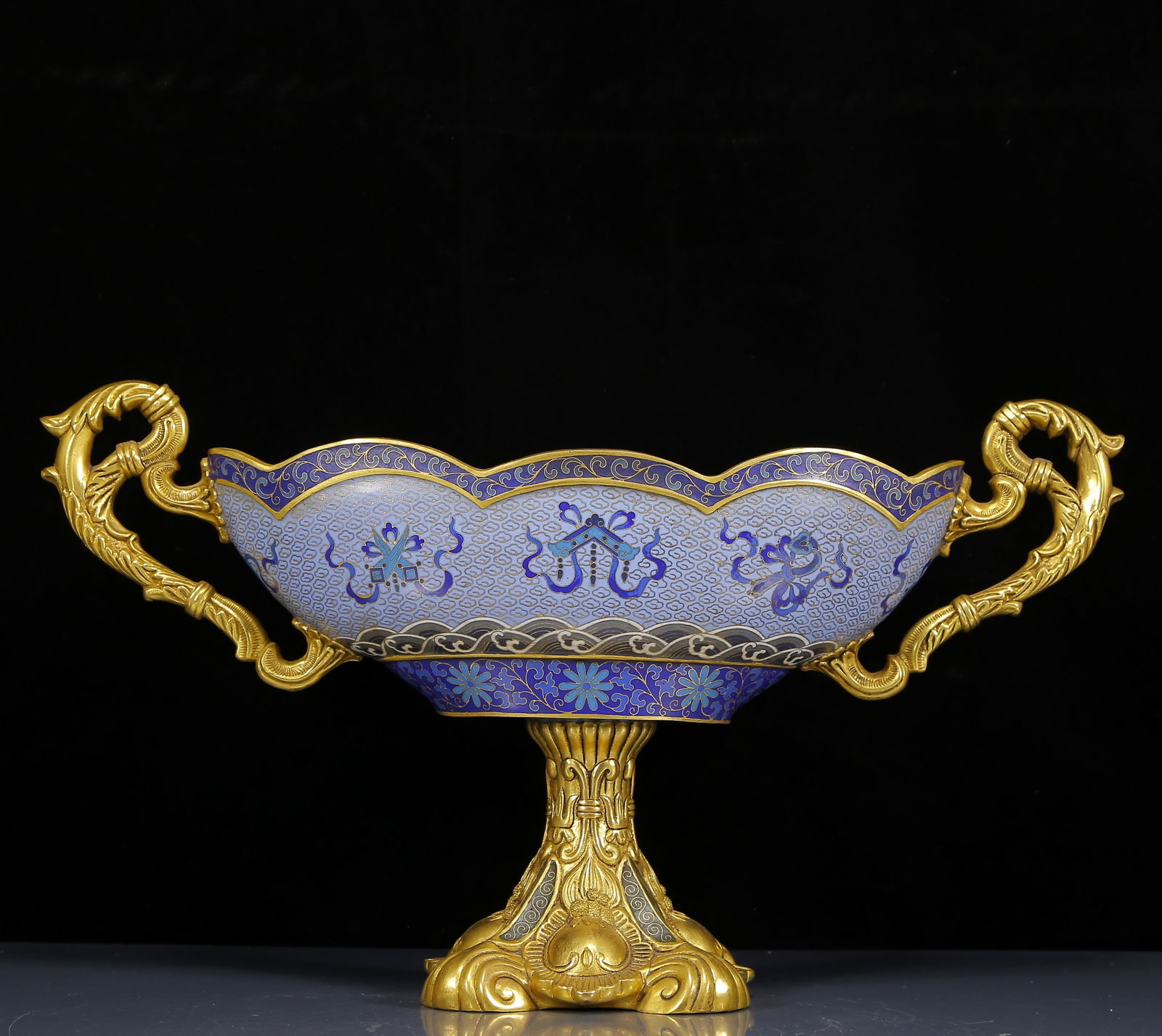 A Huge Cloisonne Eight Treasures Pattern Double-Ears Cup: A Huge Cloisonne Eight Treasures Pattern Double-Ears Cup,Qing Dynasty, China,Qianlong Four-character Mark,Size:19.7inx6.3inx11in,Weight:5975g 