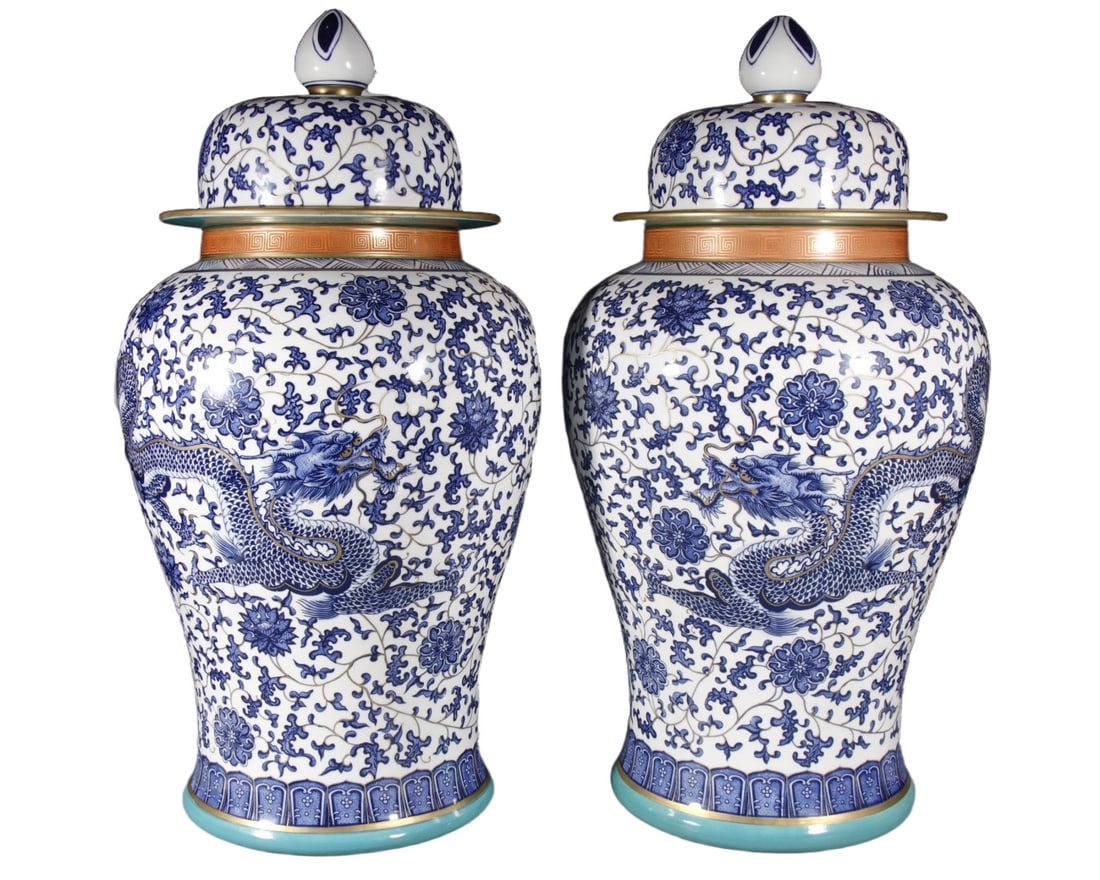 A Pair of Huge Blue and White Painted Gold Lotus and Dragon Pattern Cover Jars: A Pair of Huge Blue and White Painted Gold Lotus and Dragon Pattern Cover Jars, Qing Dynasty, China,Qianlong Six-character Mark,Size:29.5inx9.4inx11.4in 