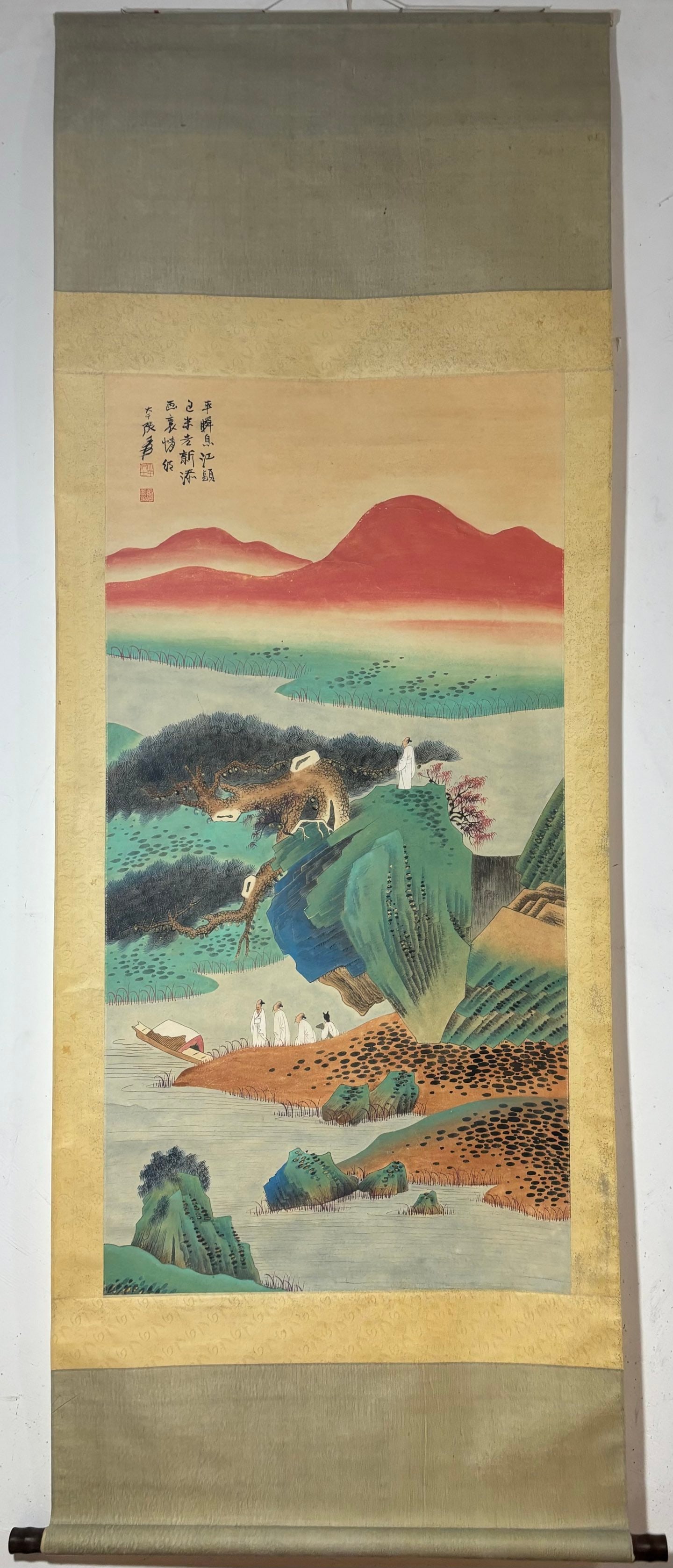 A Chinese Vertical Scroll Ink Painting of Landscape and Figure on Paper,Zhang Daqian: A Chinese Vertical Scroll Ink Painting of Landscape and Figure on Paper,Zhang Daqian,Size:(Without frame)50.6inx25.6in 一幅中国水墨山水人物&