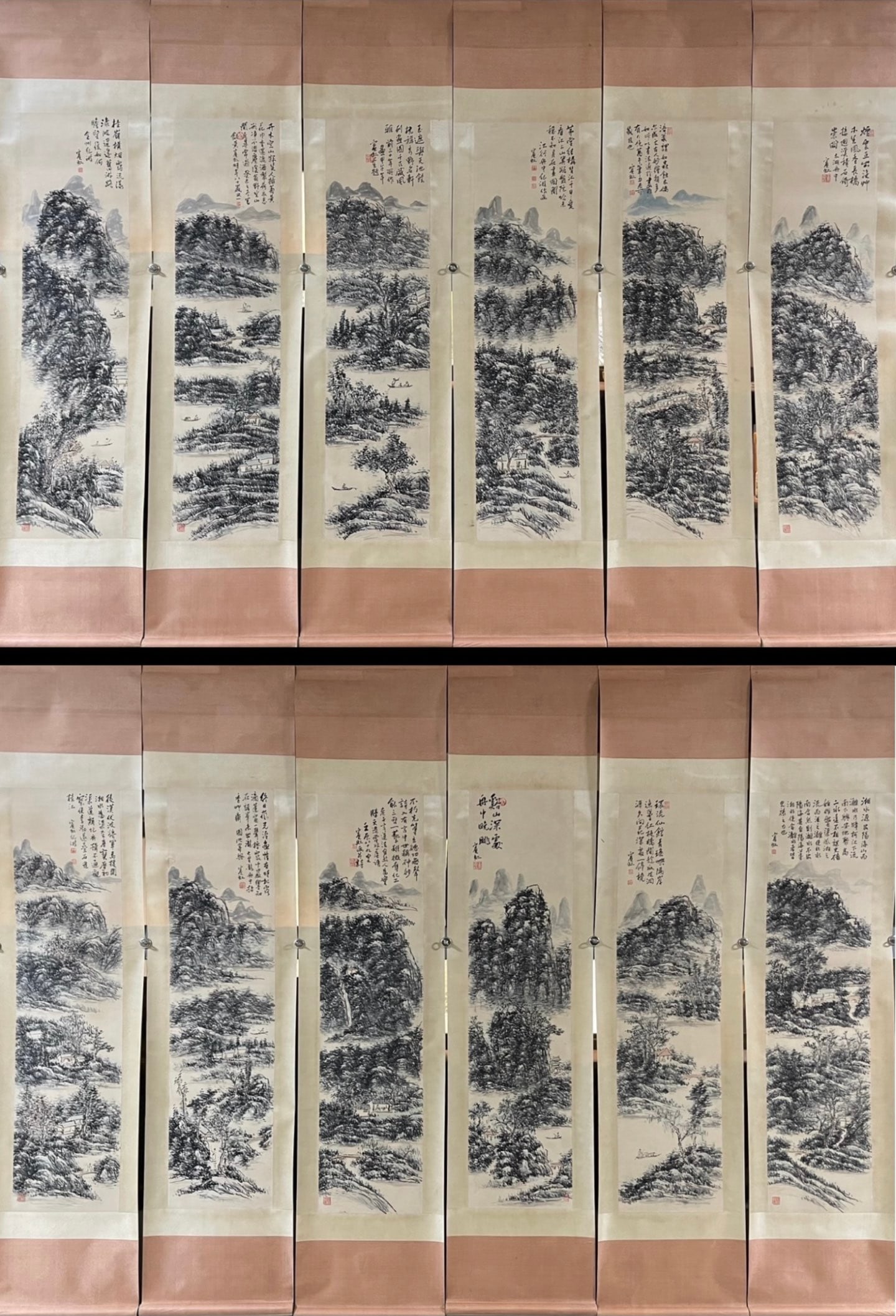 A Set of Fine Chinese Vertical Scroll Ink Painting of Landscape on Paper,Huang Binhong: A Set of Fine Chinese Vertical Scroll Ink Painting of Landscape on Paper,Huang Binhong,Size:13.4inx53.9in*12 