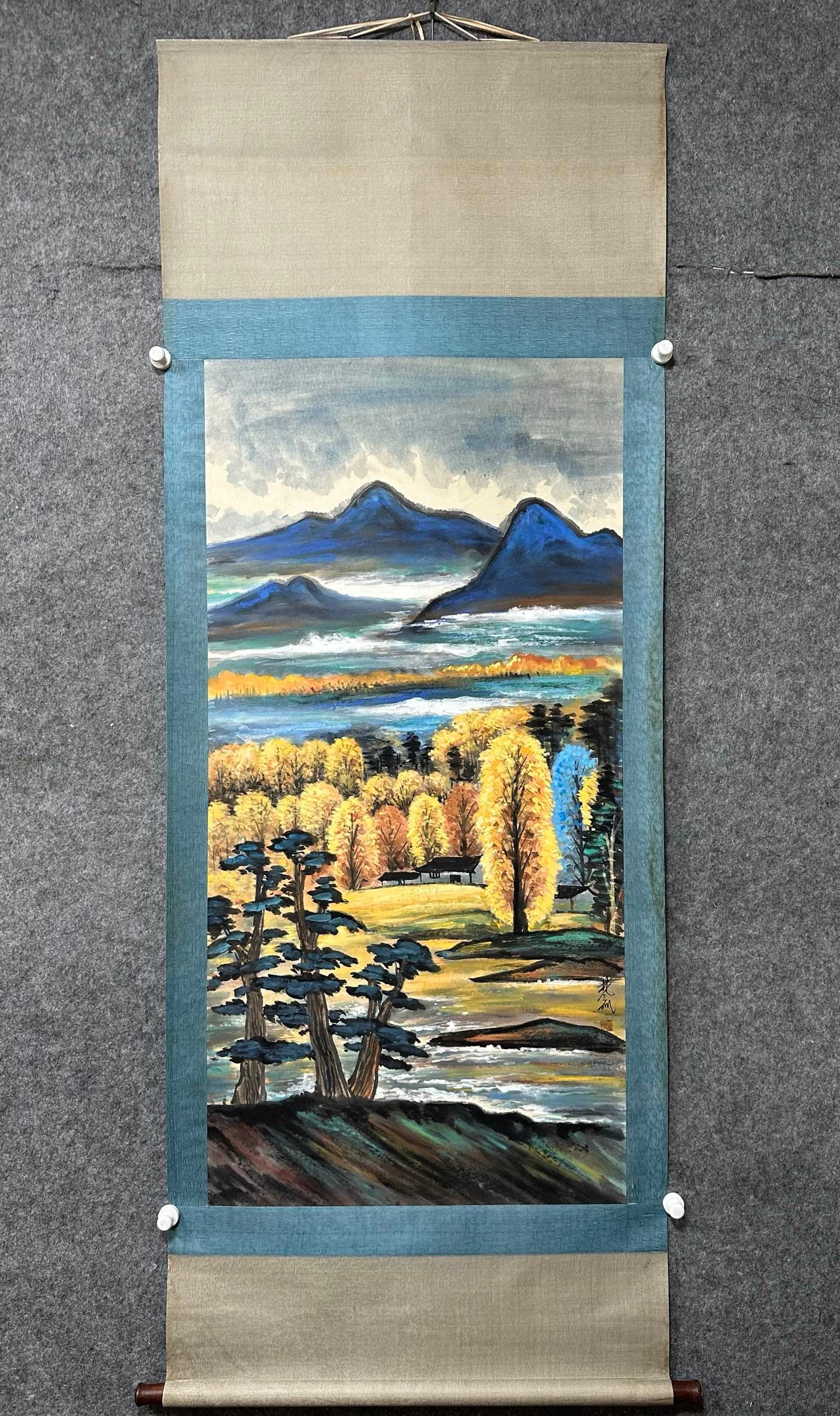 A Chinese Vertical Scroll Ink Painting of Landscape on Paper,Lin Xiongcai: A Chinese Vertical Scroll Ink Painting of Landscape on Paper,Lin Xiongcai,Size:(Without frame):26.8inx53.9in 