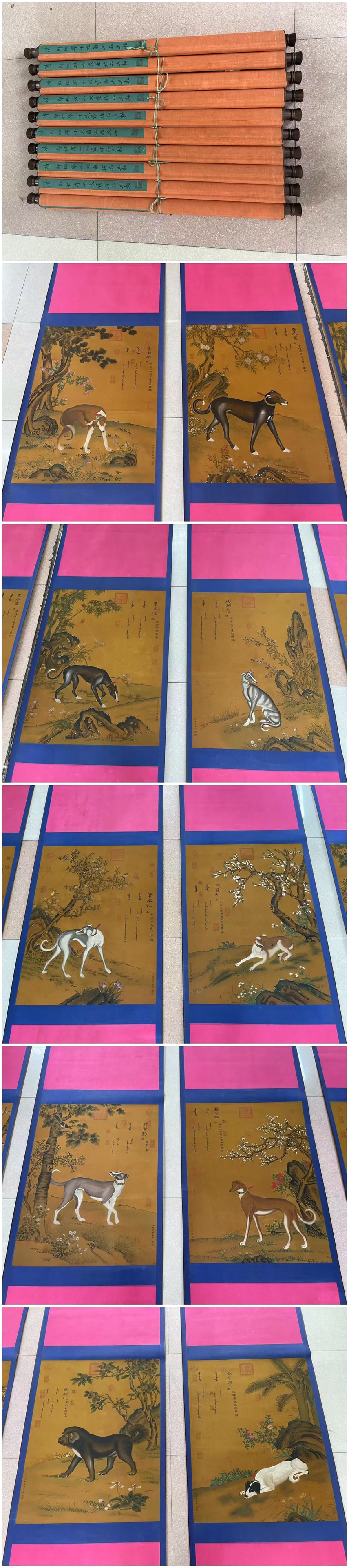 A Set of Chinese Vertical Scroll Ink Painting of Dog on Silk,Lang Shining: A Set of Chinese Vertical Scroll Ink Painting of Dog on Silk,Lang Shining,Size:(Without frame)26.4inx34.6in*10 