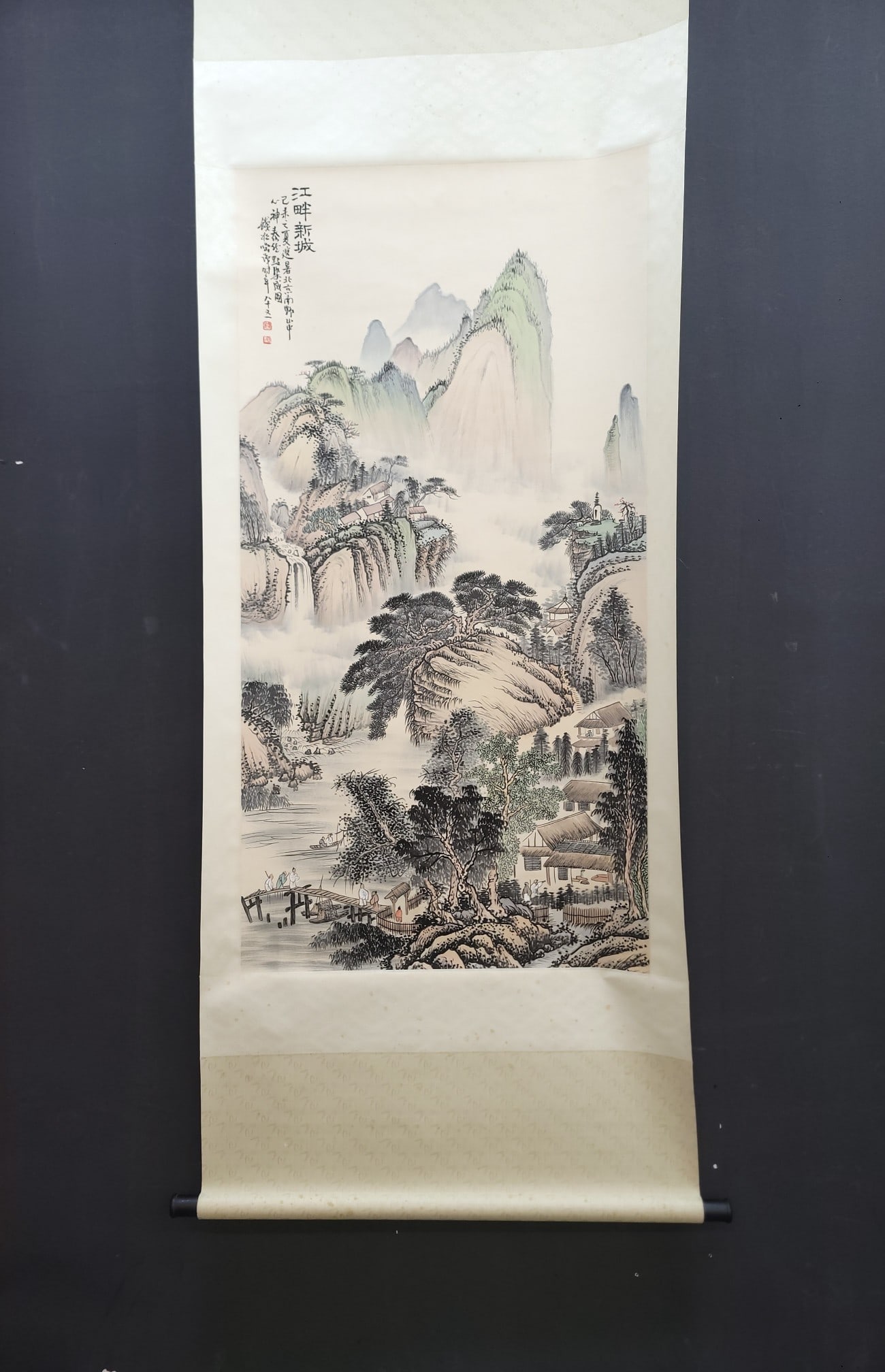 A Chinese Vertical Scroll Ink Painting of Landscape and Figure on Paper,Qian Songyan: A Chinese Vertical Scroll Ink Painting of Landscape and Figure on Paper,Qian Songyan,Size:(Without frame)27.4inx53.5in 