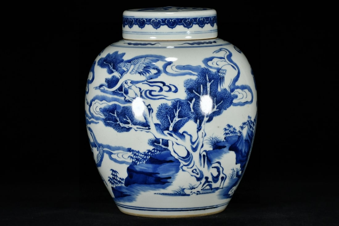 An Exquisite Blue and White Auspicious Cloud,Pine and Crane Pattern Cover Jar: An Exquisite Blue and White Auspicious Cloud,Pine and Crane Pattern Cover Jar,Qing Dynasty, China,Size:9.4inx8.3in 