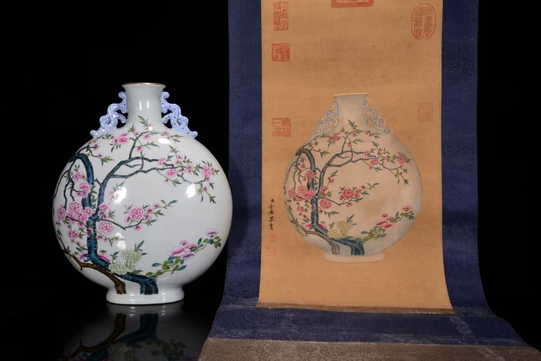 An Exquisite Famille-Rose Painted Gold Flower Pattern Dragon-Ears Vase,With Vertical Scroll Painting: An Exquisite Famille-Rose Painted Gold Flower Pattern Dragon-Ears Vase,With Vertical Scroll Painting on Silk,Qing Dynasty, China,Yongzheng Six-character Mark,Size:(Box)19.7inx15.7inx13.4in,(Vase)13inx