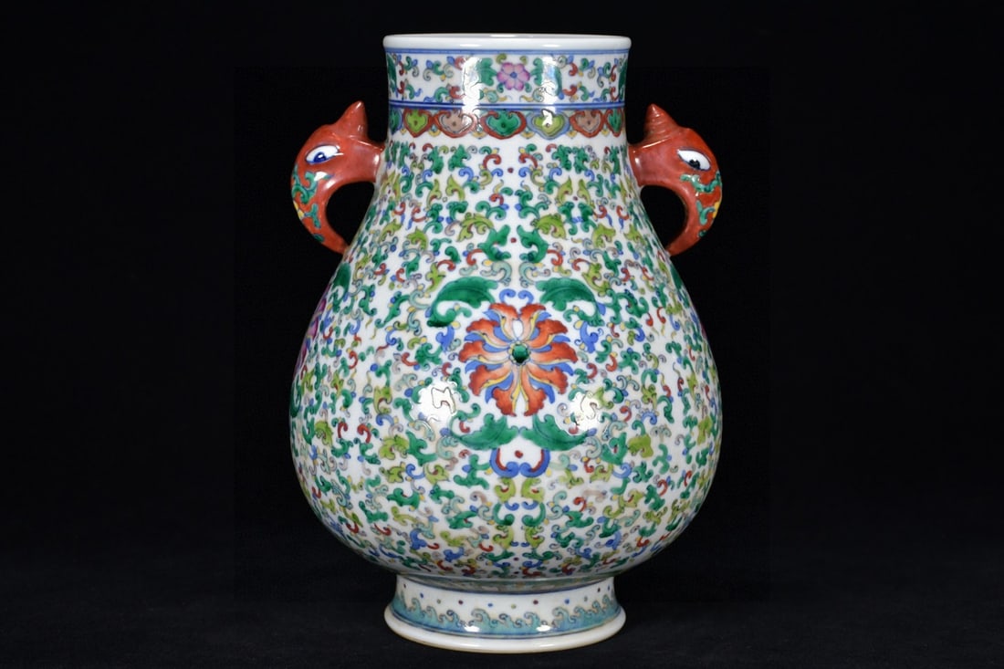 A Rare Doucai Flower Pattern Beast-Ears Jar: A Rare Doucai Flower Pattern Beast-Ears Jar,Qing Dynasty, China,Yongzheng Six-character Mark,Size:12.2inx8.3in 斗彩花卉纹兽耳罐,中国清