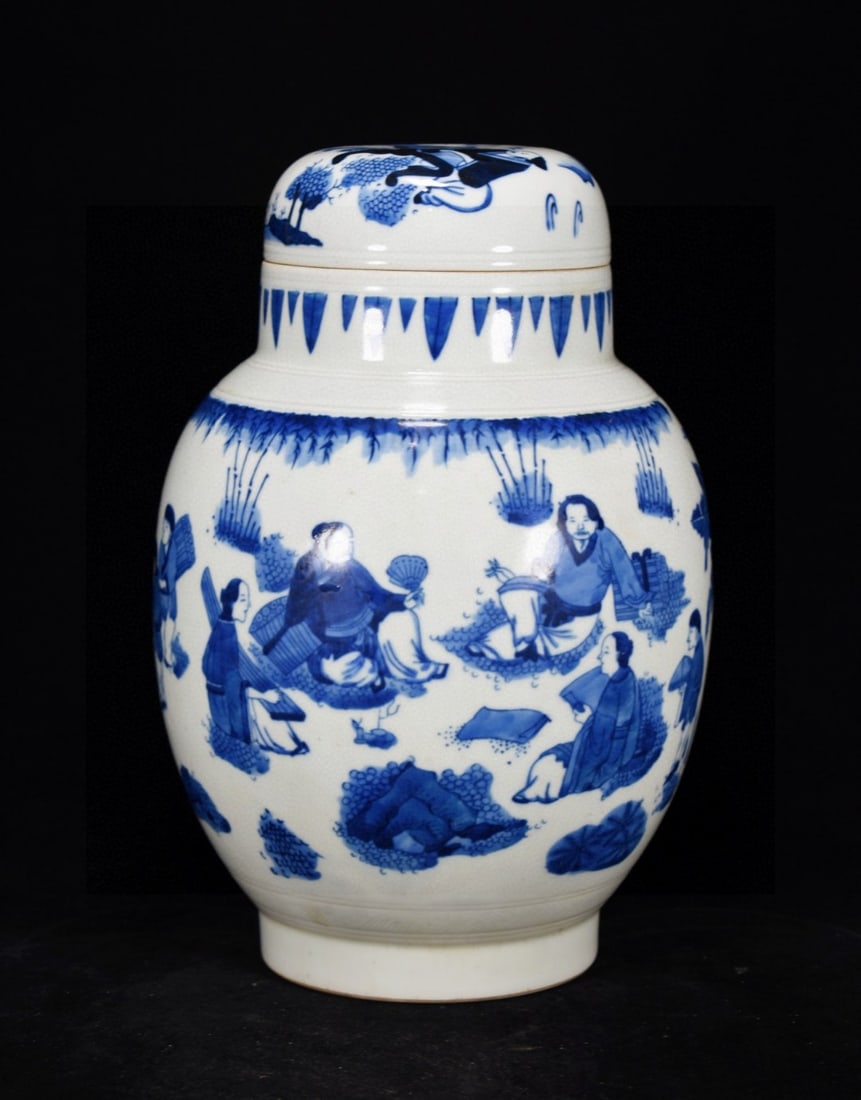 A Rare Blue and White Character and Story Pattern Cover Jar: A Rare Blue and White Character and Story Pattern Cover Jar,Qing Dynasty, China,Kangxi Six-character Mark,Size:13inx8.3in 青花人物故事纹盖罐,È
