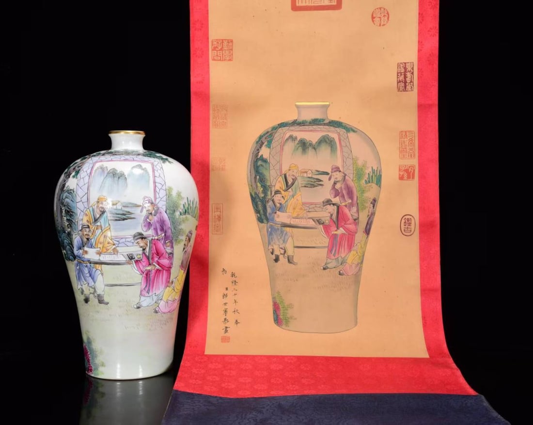 A Rare Famille-Rose Painted Gold Character and Story Pattern Vase,With Vertical Scroll Painting on: A Rare Famille-Rose Painted Gold Character and Story Pattern Vase,With Vertical Scroll Painting on Silk,Qing Dynasty, China,Yongzheng Six-character