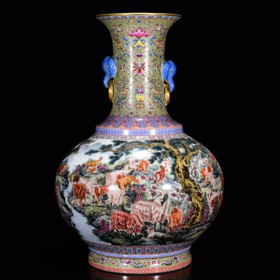 A Huge Enamel Painted Gold Landscape and Sheep Pattern Elephant-Ears Vase: A Huge Enamel Painted Gold Landscape and Sheep Pattern Elephant-Ears Vase,Qing Dynasty, China,Qianlong Six-character Mark,Size:22inx15in 