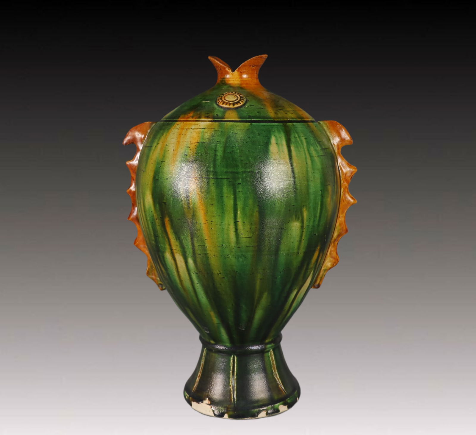 An Exquisite Tang Tri-Color Glazed Pottery Fish-Shaped Vase (1 of 9)
