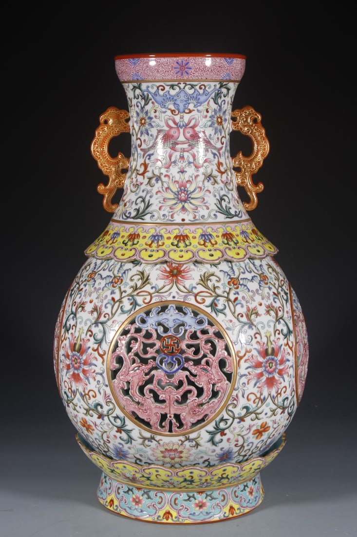 A Huge Famille-Rose Painted Gold Hollow Lotus and Dragon Pattern Dragon-Ears Vase: A Huge Famille-Rose Painted Gold Hollow Lotus and Dragon Pattern Dragon-Ears Vase, Qing Dynasty, China,Qianlong Six-character Mark,Size:19.3inx5.5inx6.7in 