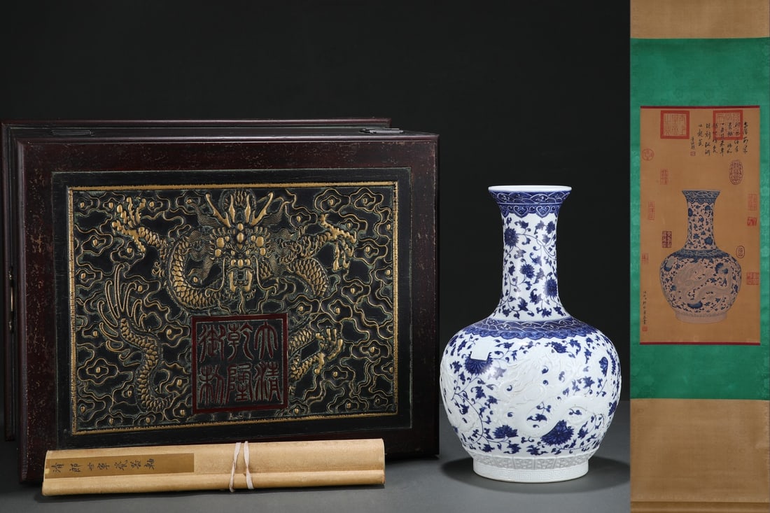 A Rare Blue and White Lotus and Dragon Pattern Vase,With Vertical Scroll Painting on Silk: A Rare Blue and White Lotus and Dragon Pattern Vase,With Vertical Scroll Painting on Silk,Qing Dynasty, China,Qianlong Six-character Mark,Size:13.4inx8.5in,(Without frame)24.4inx12.6in 