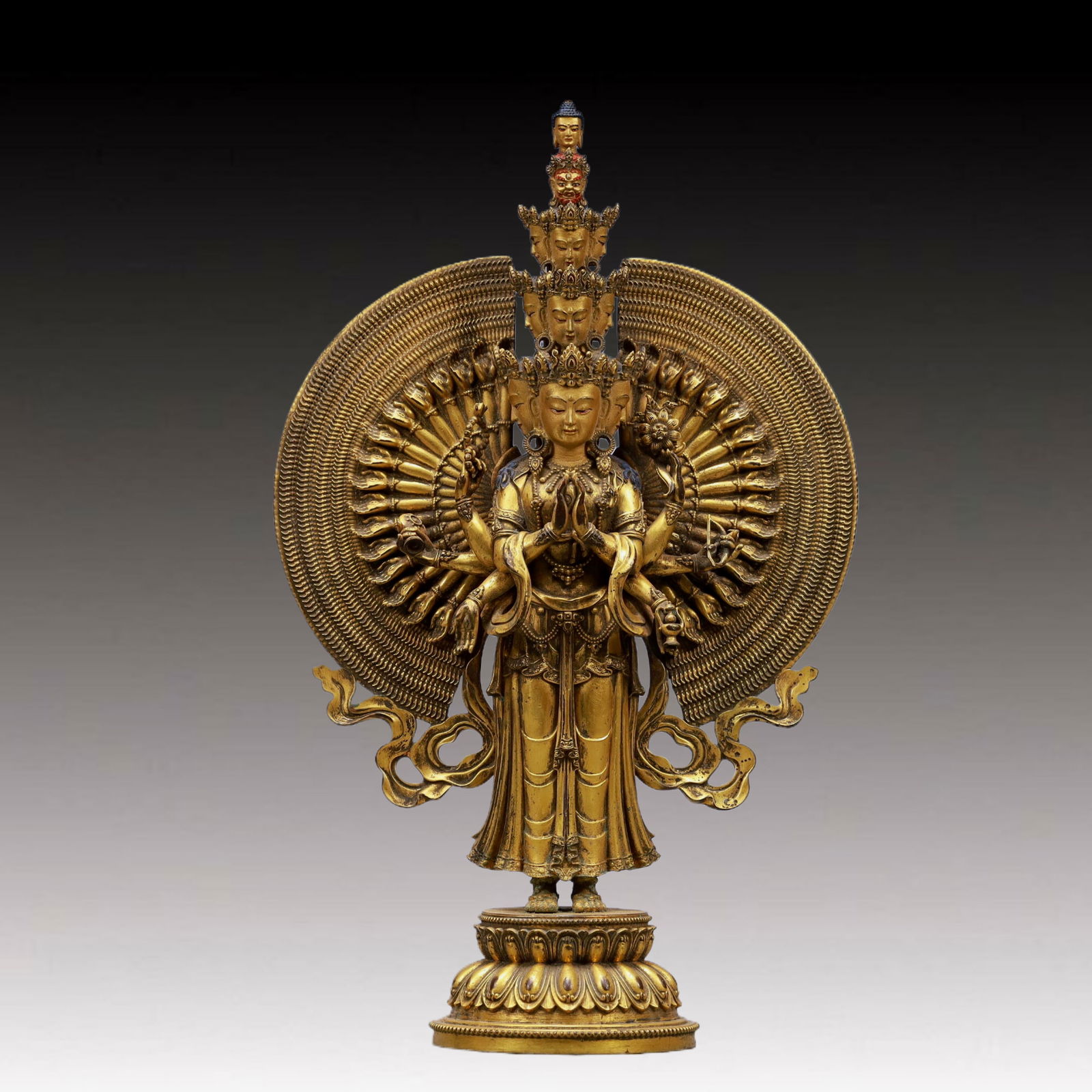 A Solemn Gilt Bronze Statue of Thousand-hand Guanyin: A Solemn Gilt Bronze Statue of Thousand-hand Guanyin ,Ming Dynasty, China,Size:7.3inx3.3inx11.8inWeight:1550g 