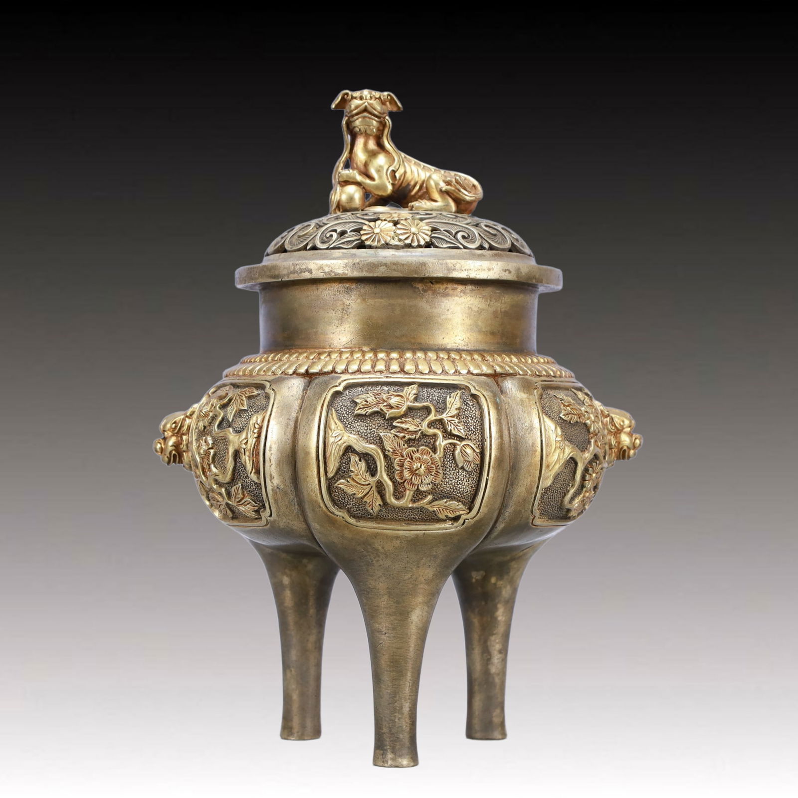 A Rare Gilt Silver Flower Pattern Beast-Ears and Tripod Censer: A Rare Gilt Silver Flower Pattern Beast-Ears and Tripod Censer,Qing Dynasty, China,Qianlong Six-character Mark,Size:7.9inx10.6in,Weight:4600g 
