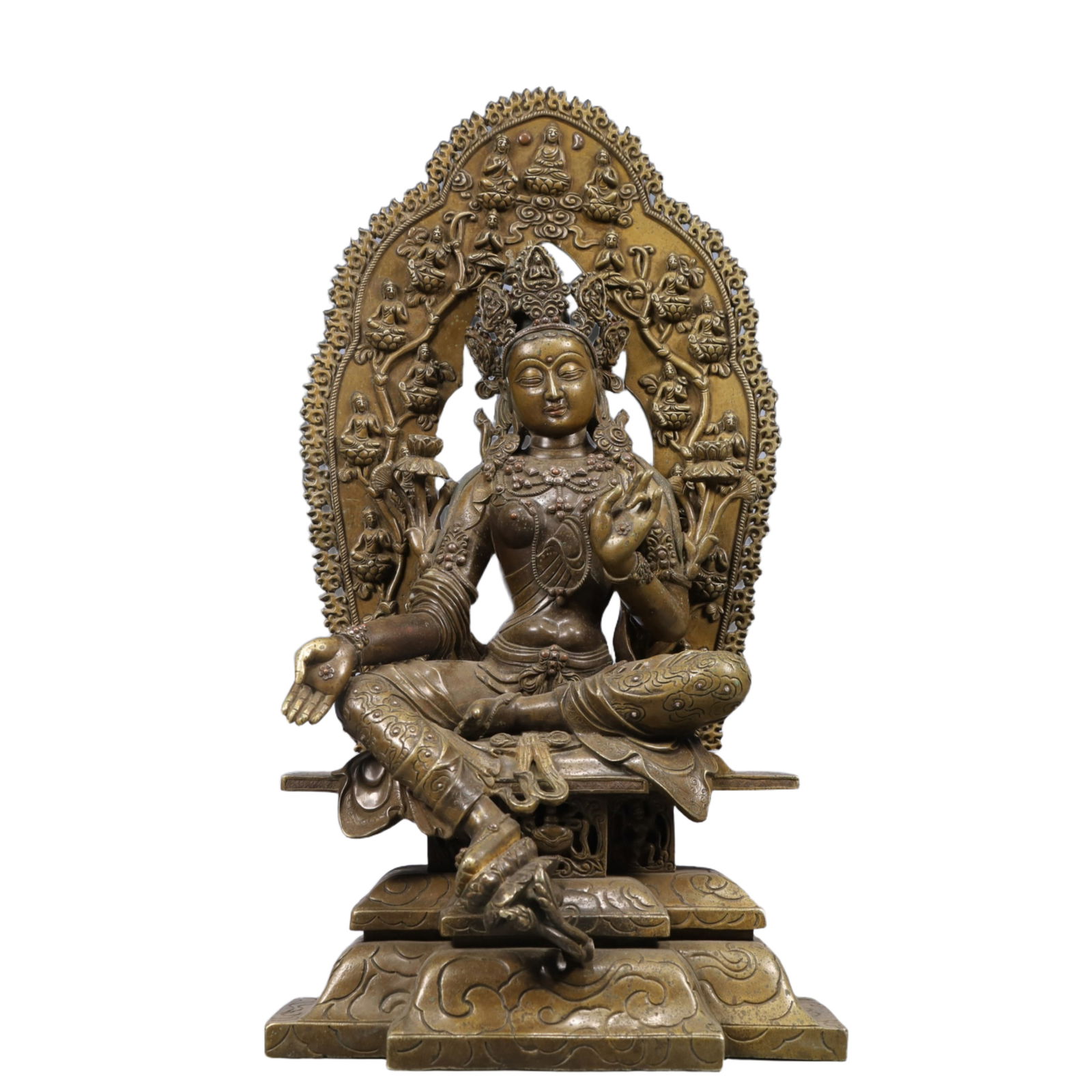 A Solemn Gilt Bronze Statue of Avalokitesvara: A Solemn Gilt Bronze Statue of Avalokitesvara, Ming Dynasty, China, Inlaid Gems, With Inscription, Size:9.8inx5.5inx18.9in, Weight:9900g 
