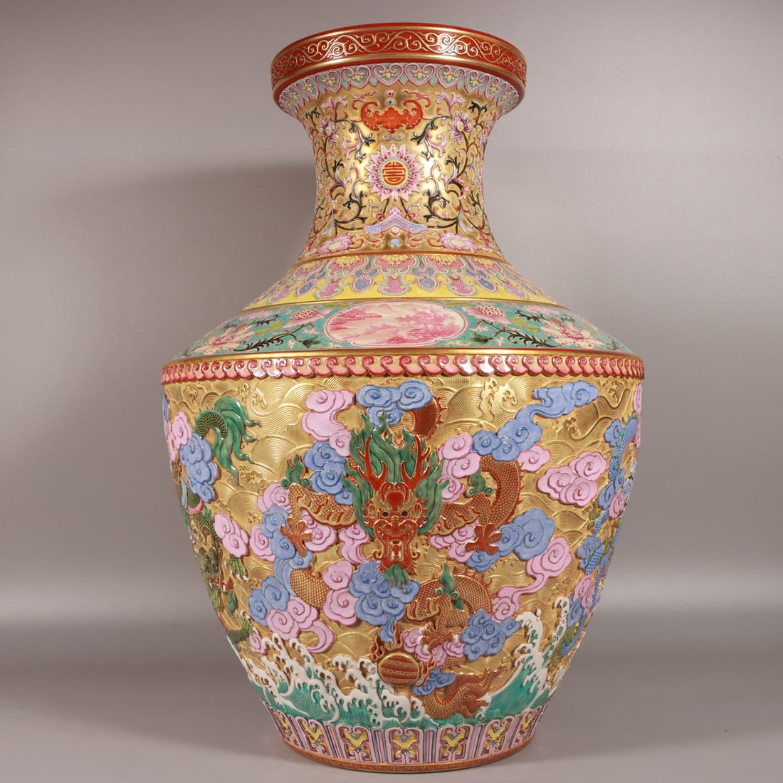 A Huge Enamel Gold Ground Seawater Auspicious Cloud and Dragon Pattern Vase: A Huge Enamel Gold Ground Seawater Auspicious Cloud and Dragon Pattern Vase,Qing Dynasty, China,Qianlong Four-character Mark,Size:20.9inx14.2in 