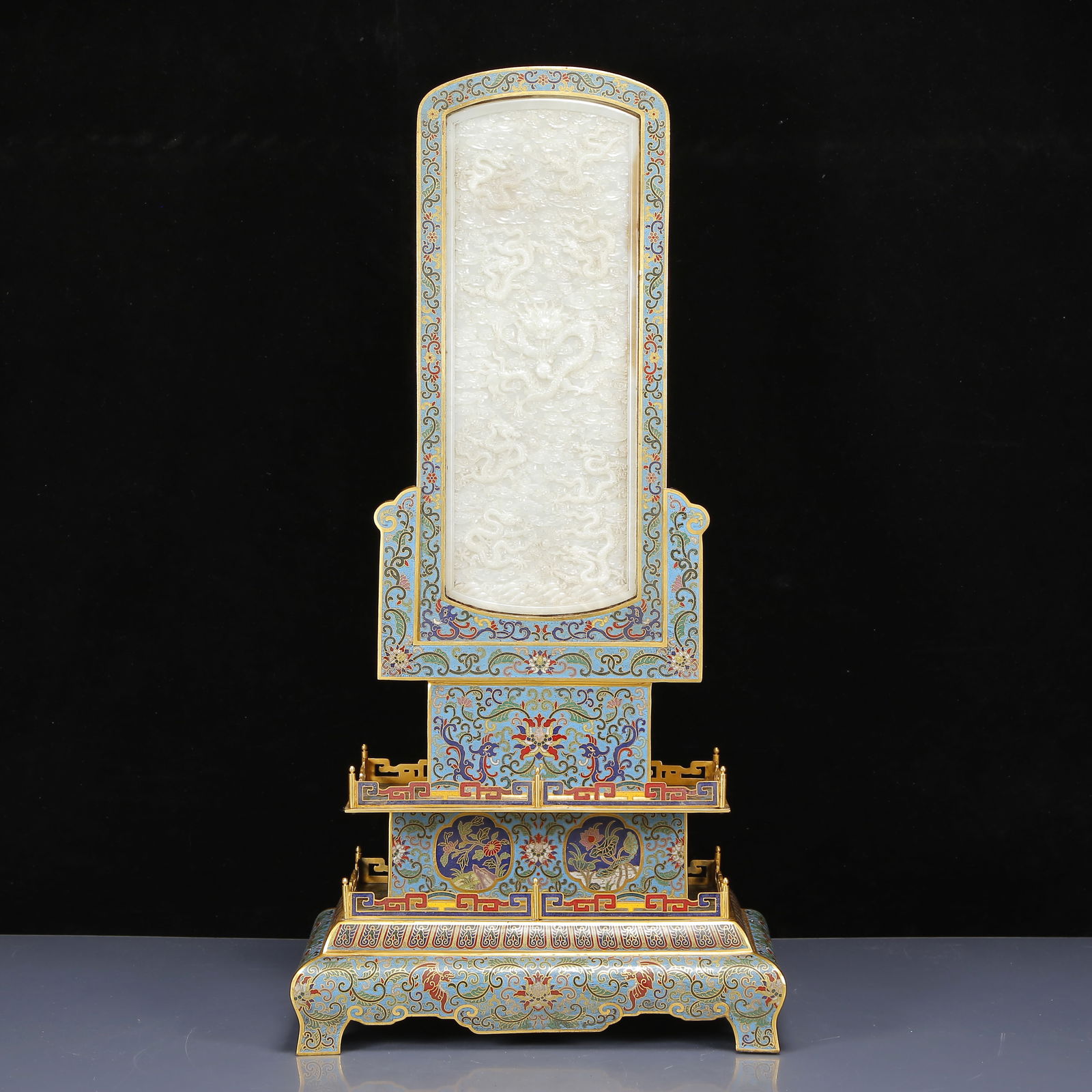A Huge Cloisonne Inlaid White Jade Dragon Pattern Table Screen,with an Imperial Poem by Emperor: A Huge Cloisonne Inlaid White Jade Dragon Pattern Table Screen,with an Imperial Poem by Emperor Qianlong,Qing Dynasty, China,Qianlong Four-character Mark,Size:11.8inx7.5inx23.6in,Weight:4775g 