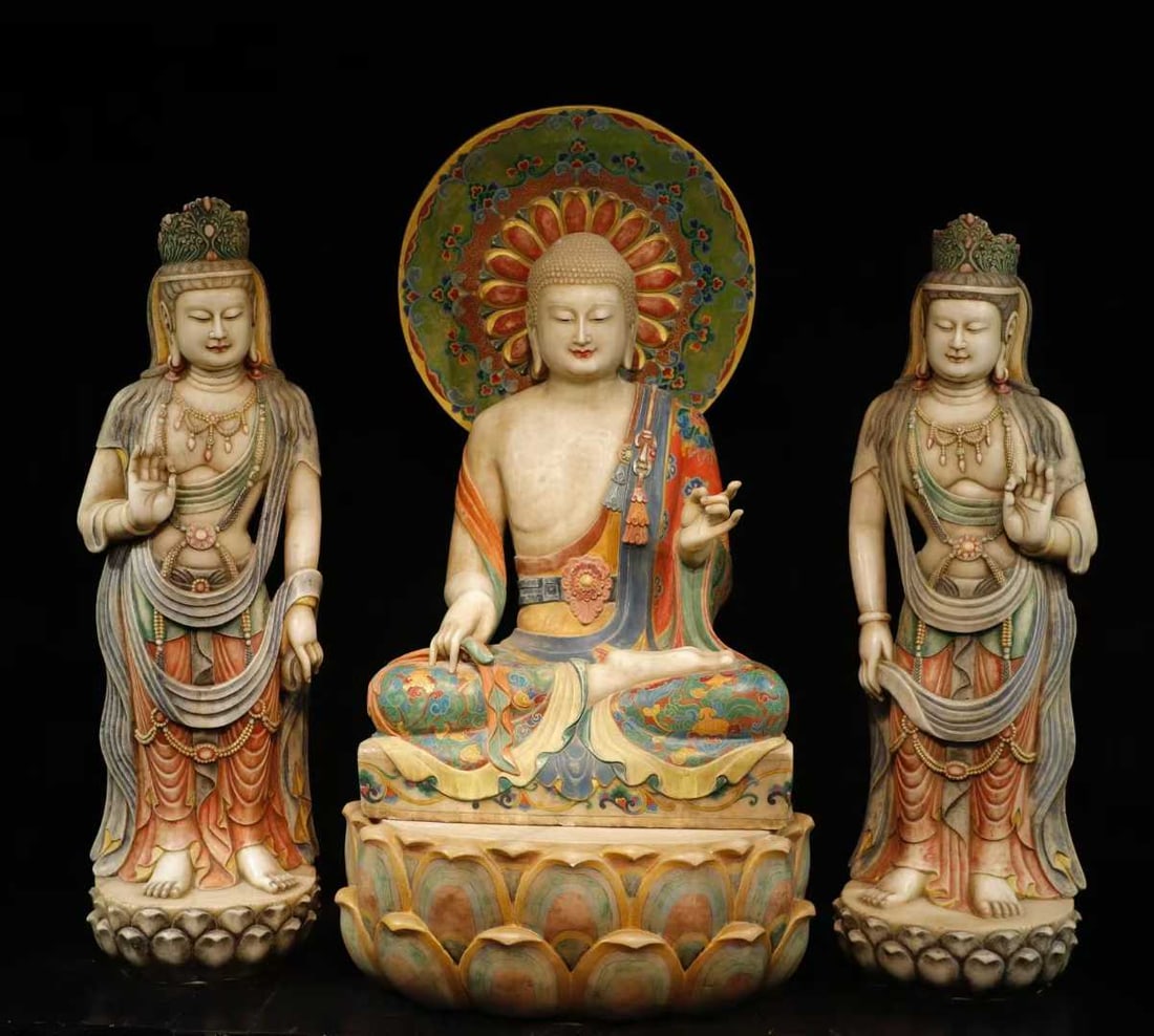 A Set of Solemn Marble Painted Color Statue of Sakyamuni: A Set of Solemn Marble Painted Color Statue of Sakyamuni,Tang Dynasty,China,Size:66.1inx34.6inx27.6in,54.3inx18.5inx15.7in 