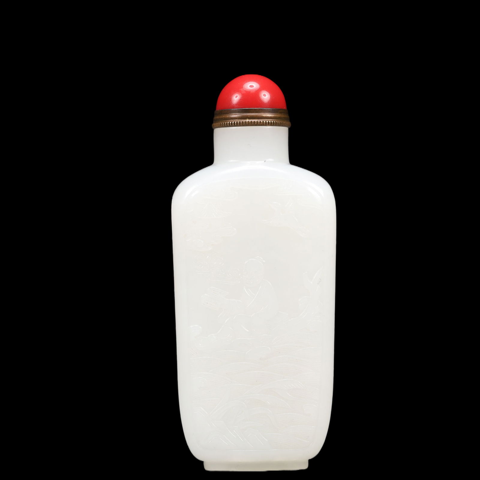 An Exquisite White Jade Figure and Crane Pattern Snuff Bottle, Inlaid Gems, with poem (1 of 7)