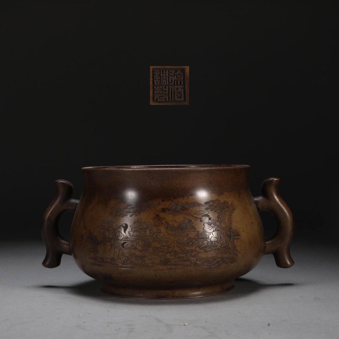 An Exquisite Bronze Character and Story Pattern Double-Ears Censer,With Poem: An Exquisite Bronze Character and Story Pattern Double-Ears Censer,With Poem,Qing Dynasty, China,With Mark,Size:4.3inx5.9inx6.8inx9.3in,Weight:3550g 