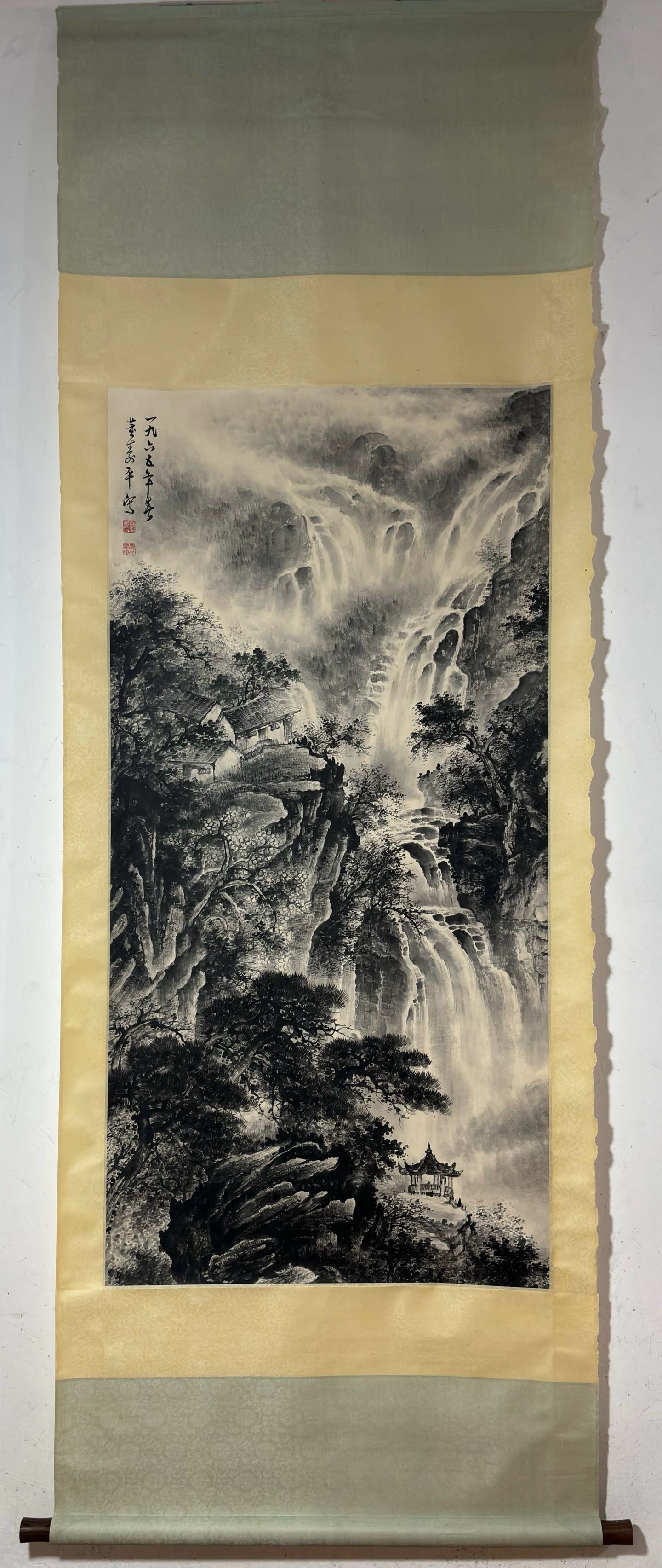 A Chinese Vertical Scroll Ink Painting of Landscape on Paper,Dong Shouping: A Chinese Vertical Scroll Ink Painting of Landscape on Paper,Dong Shouping,Size:(Without frame)52.6inx26in 