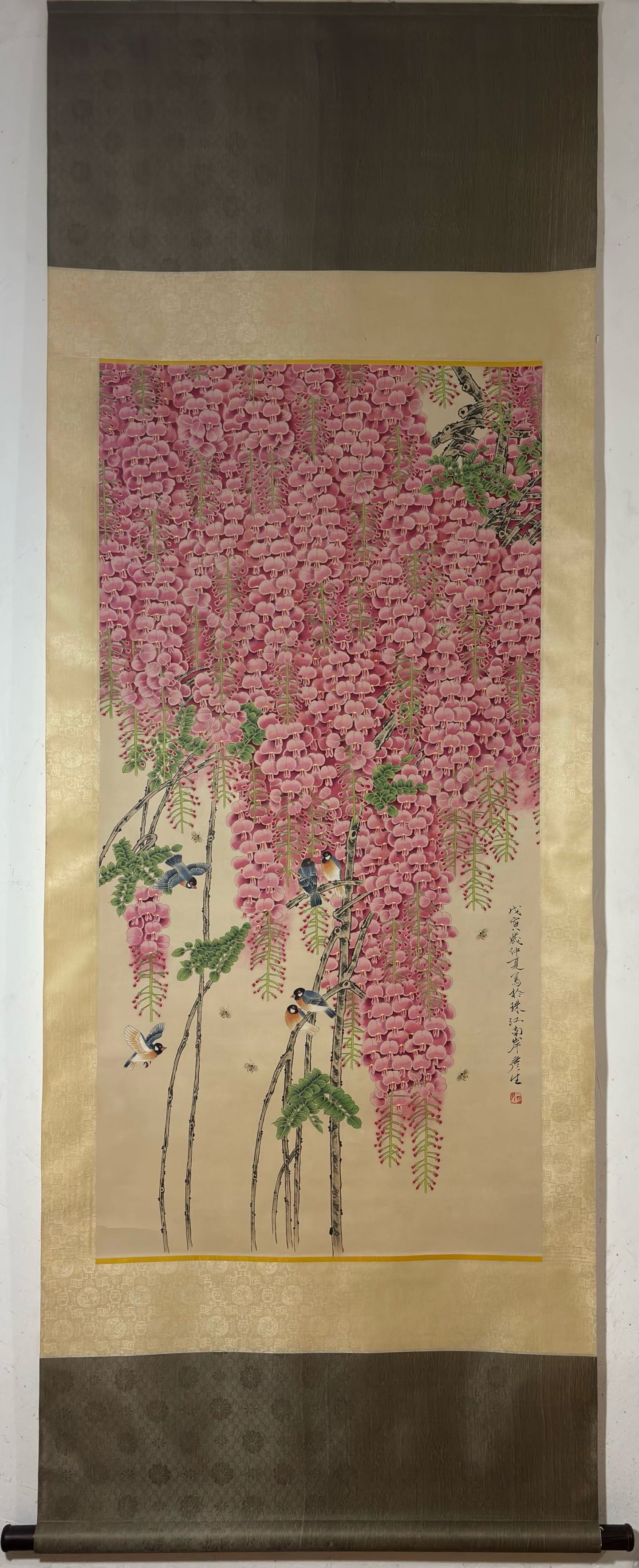 A Chinese Vertical Scroll Ink Painting of Flower and Bird on Paper,Zhou Yansheng: A Chinese Vertical Scroll Ink Painting of Flower and Bird on Paper,Zhou Yansheng,Size:(Without frame)51inx25.4in 一幅中国水墨花鸟画立轴