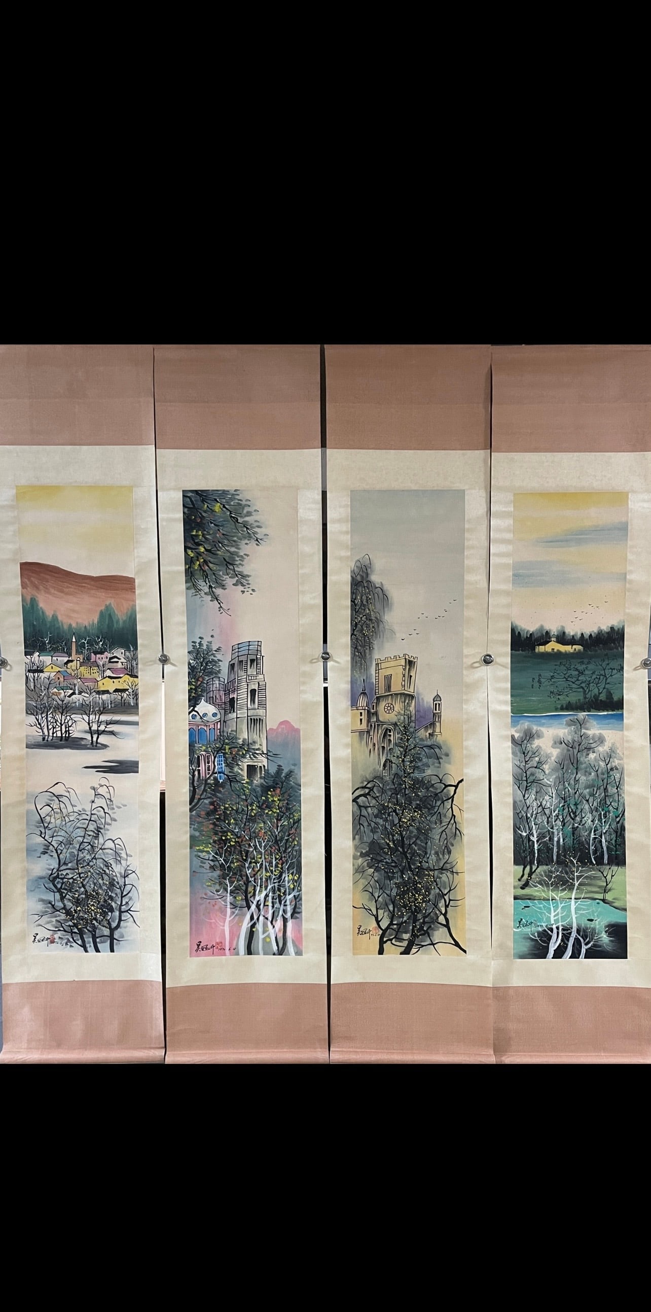 A Set of Fine Chinese Vertical Scroll Ink Painting of Landscape on Paper,Wu Guanzhong: A Set of Fine Chinese Vertical Scroll Ink Painting of Landscape on Paper,Wu Guanzhong,Size:18.9inx39in*4 一套中国水墨山水画立轴,࡫