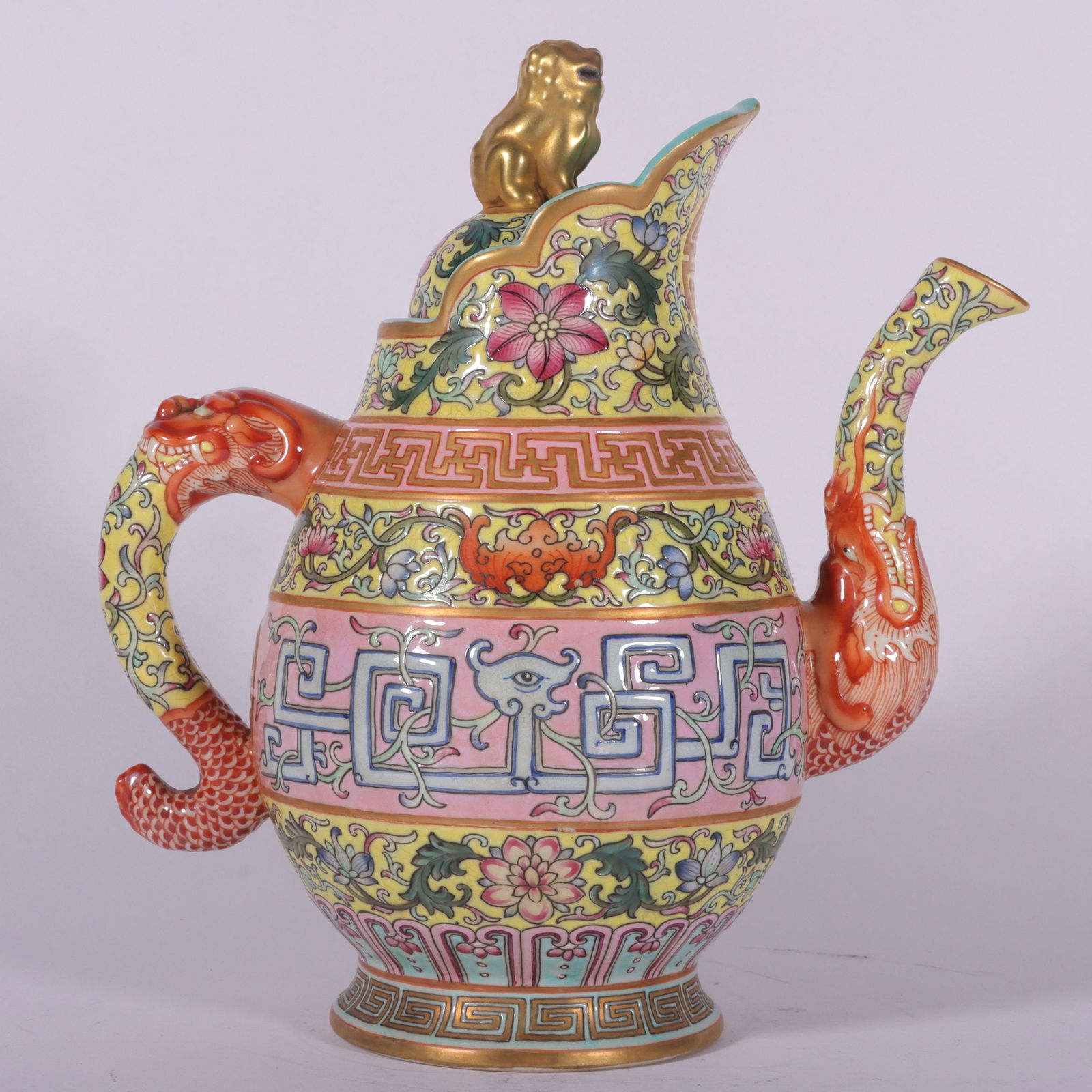 An Exquisite Enamel Yellow Ground Lotus and Bats Pattern Flagon: An Exquisite Enamel Yellow Ground Lotus and Bats Pattern Flagon,Qing Dynasty, China,Qianlong Four-character Mark,Size:8.3inx3.1inx7.1inx3in 