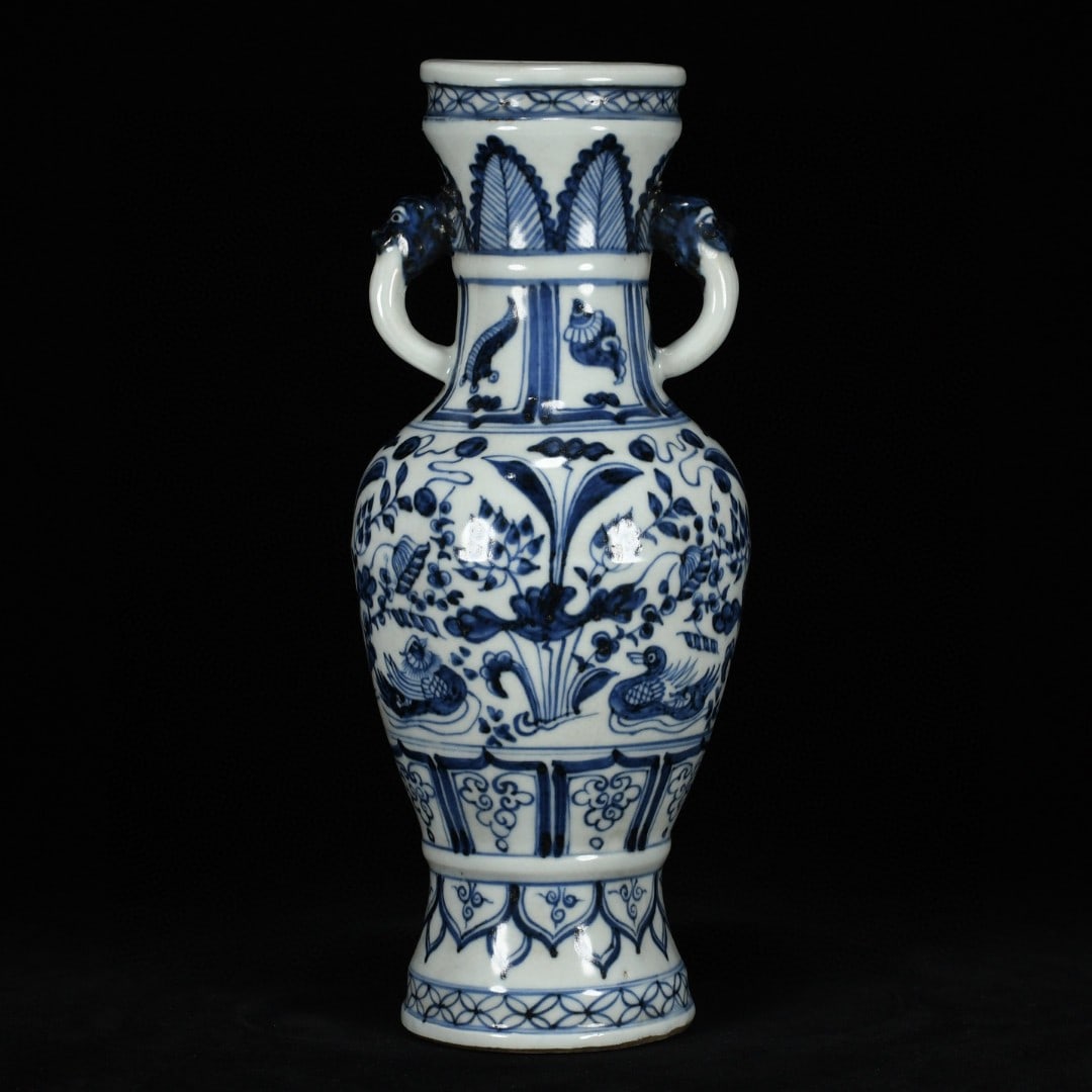 An Exquisite Blue and White Lotus and Mandarin Duck Pattern Beast-Ears Vase: An Exquisite Blue and White Lotus and Mandarin Duck Pattern Beast-Ears Vase,Yuan Dynasty, China,Size:10.6inx4.7in 