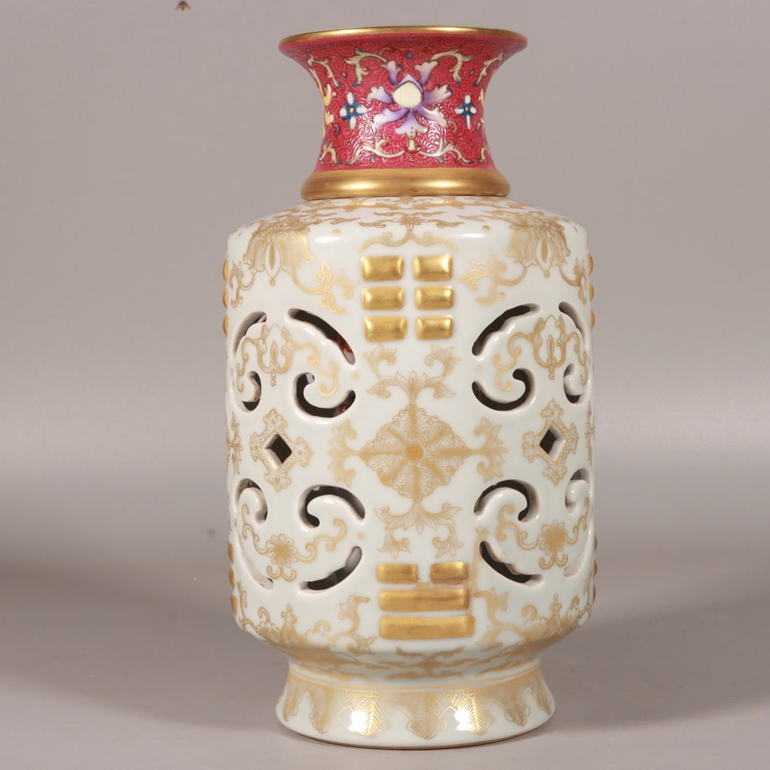 An Exquisite Enamel Celadon Glazed Painted Gold Hollow Lotus Pattern Vase: An Exquisite Enamel Celadon Glazed Painted Gold Hollow Lotus Pattern Vase,Qing Dynasty, China,Qianlong Six-character Mark,Size:9.1inx5.1in 